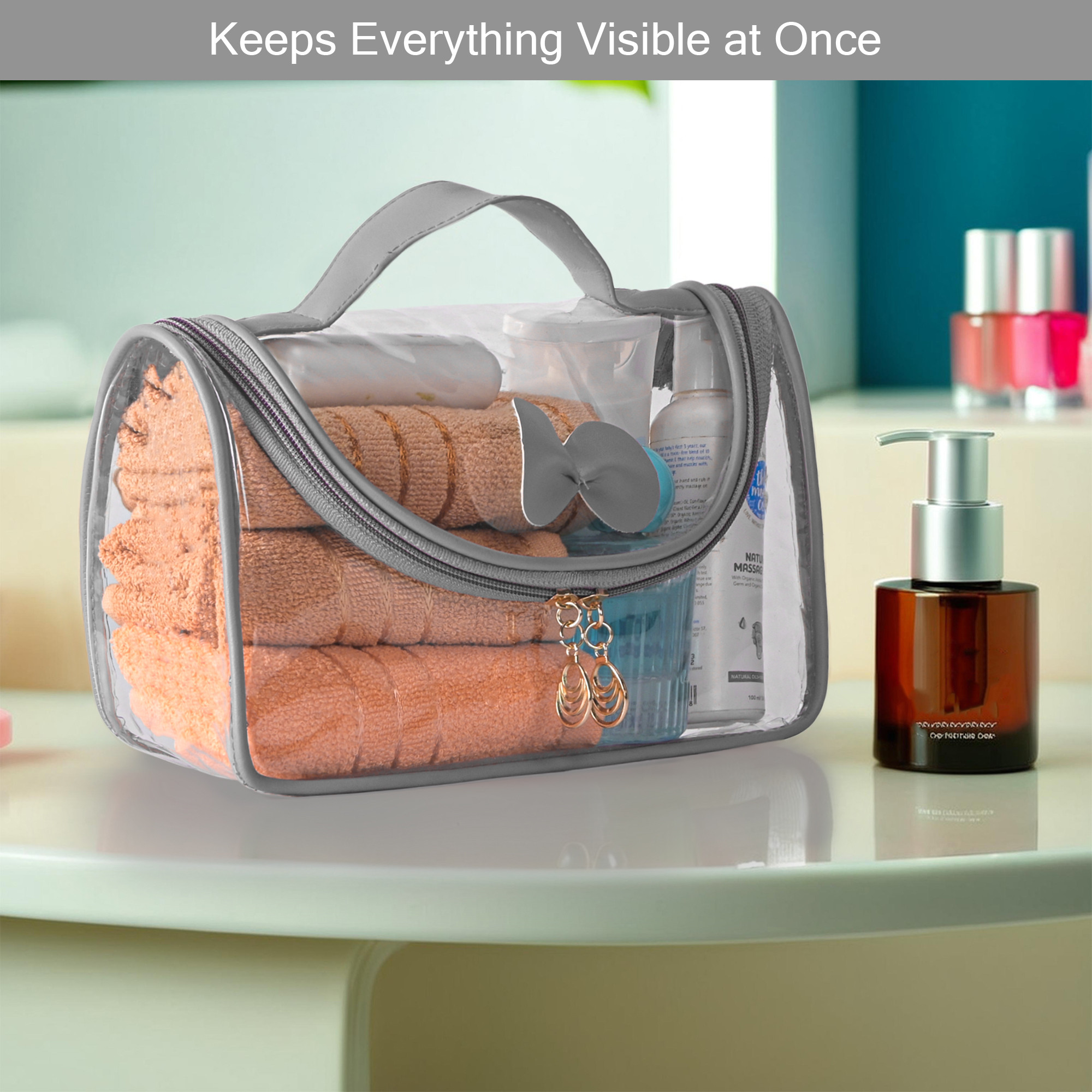 Kuber Industries PVC Waterproof Toiletry Kit Organizer for Women with Handle  Multipurpose Cosmetic  Makeup Kit - Ideal for Travel Bathroom  Daily Use  Bow Design - Grey