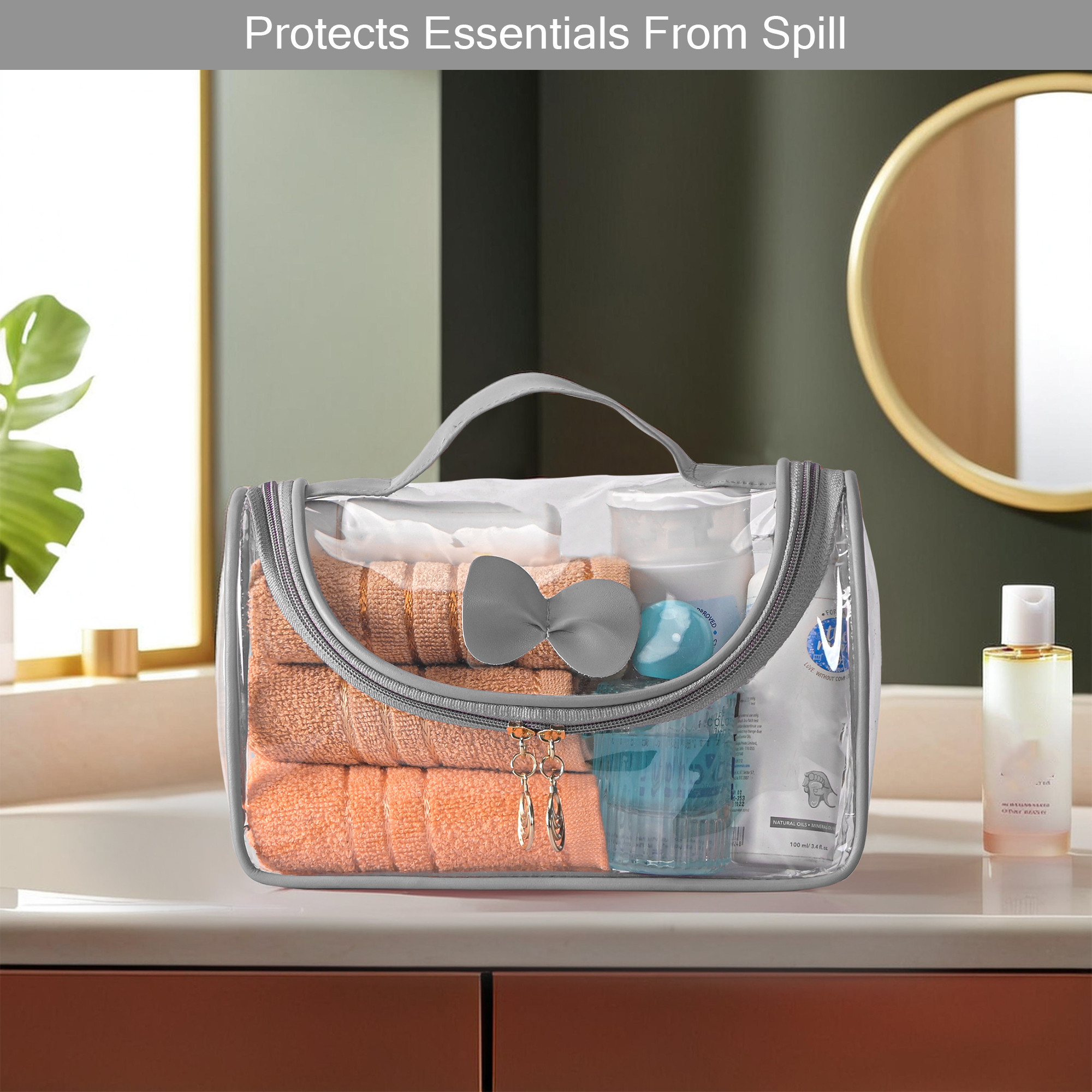 Kuber Industries PVC Waterproof Toiletry Kit Organizer for Women with Handle  Multipurpose Cosmetic  Makeup Kit - Ideal for Travel Bathroom  Daily Use  Bow Design - Grey