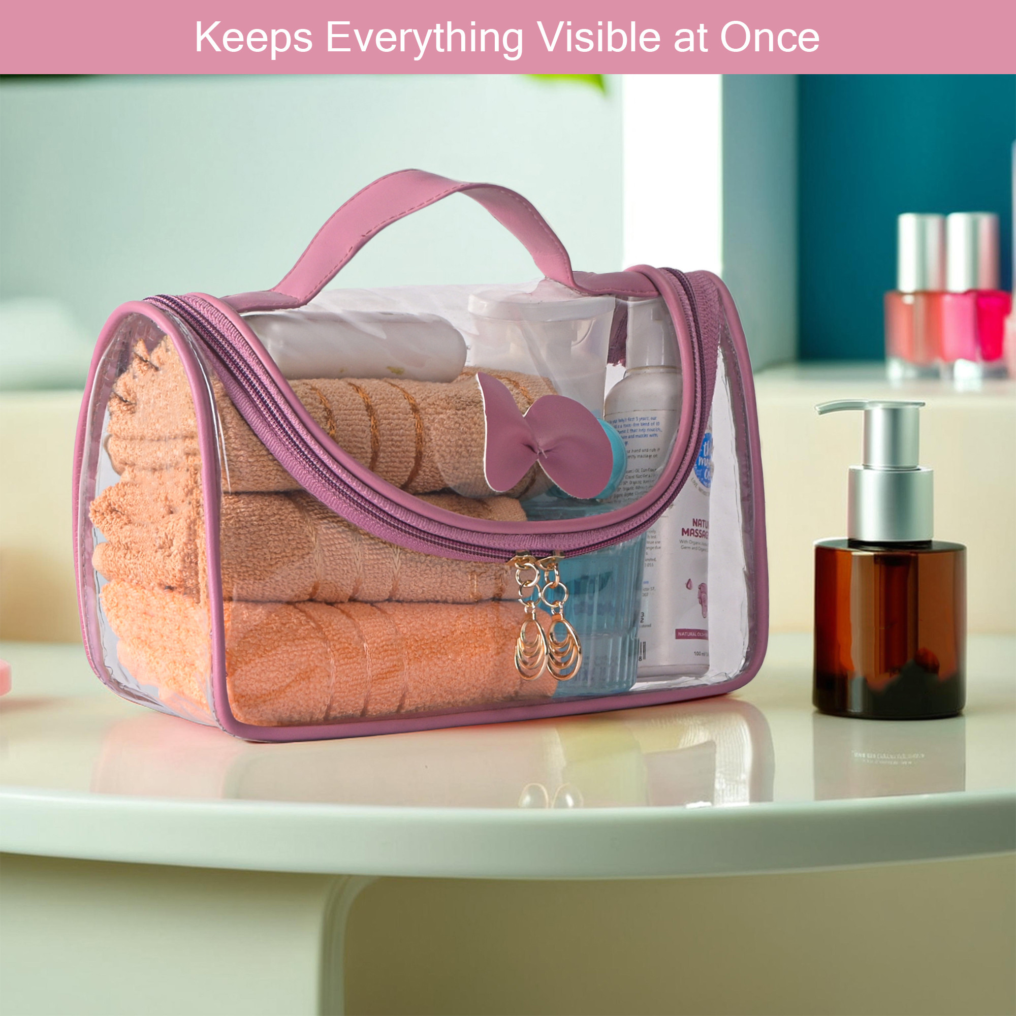 Kuber Industries PVC Waterproof Toiletry Kit Organizer for Women with Handle  Multipurpose Cosmetic  Makeup Kit - Ideal for Travel Bathroom  Daily Use  Bow Design - Pink