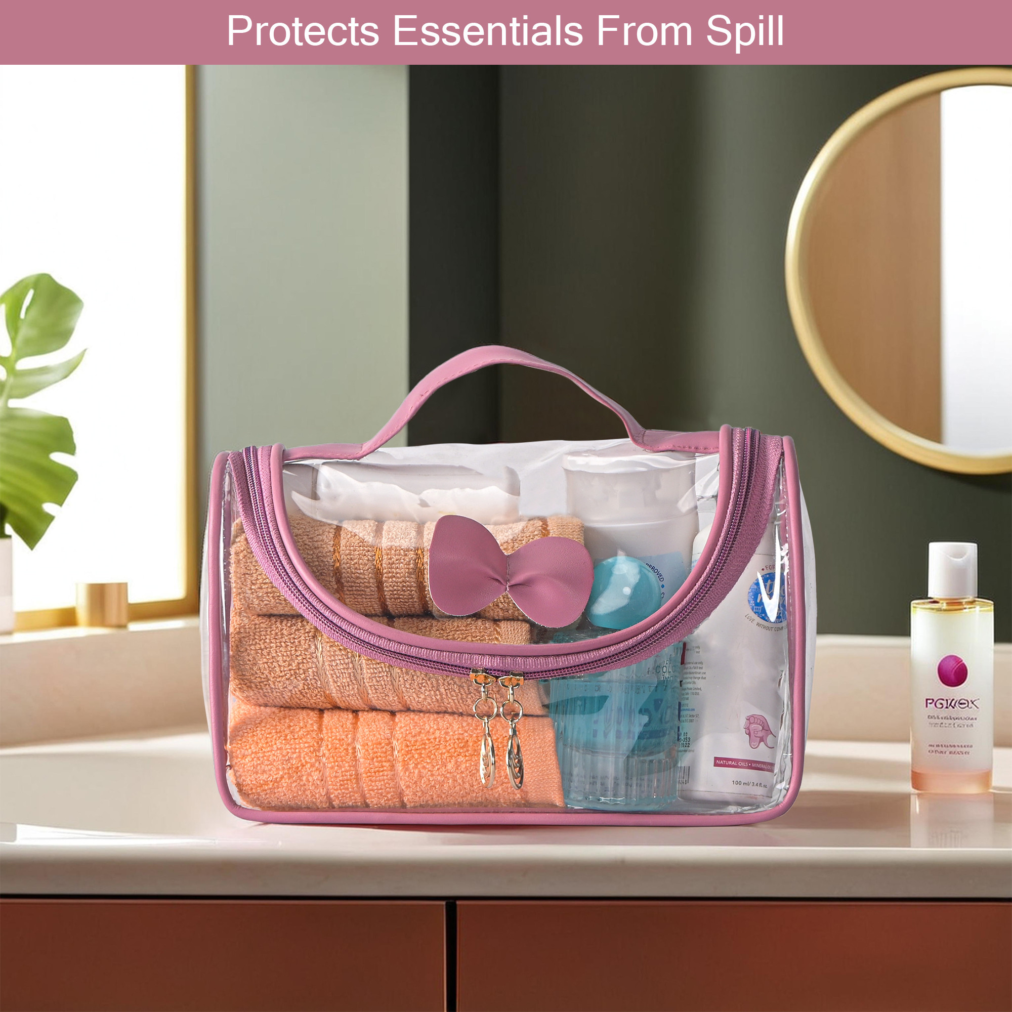 Kuber Industries PVC Waterproof Toiletry Kit Organizer for Women with Handle  Multipurpose Cosmetic  Makeup Kit - Ideal for Travel Bathroom  Daily Use  Bow Design - Pink