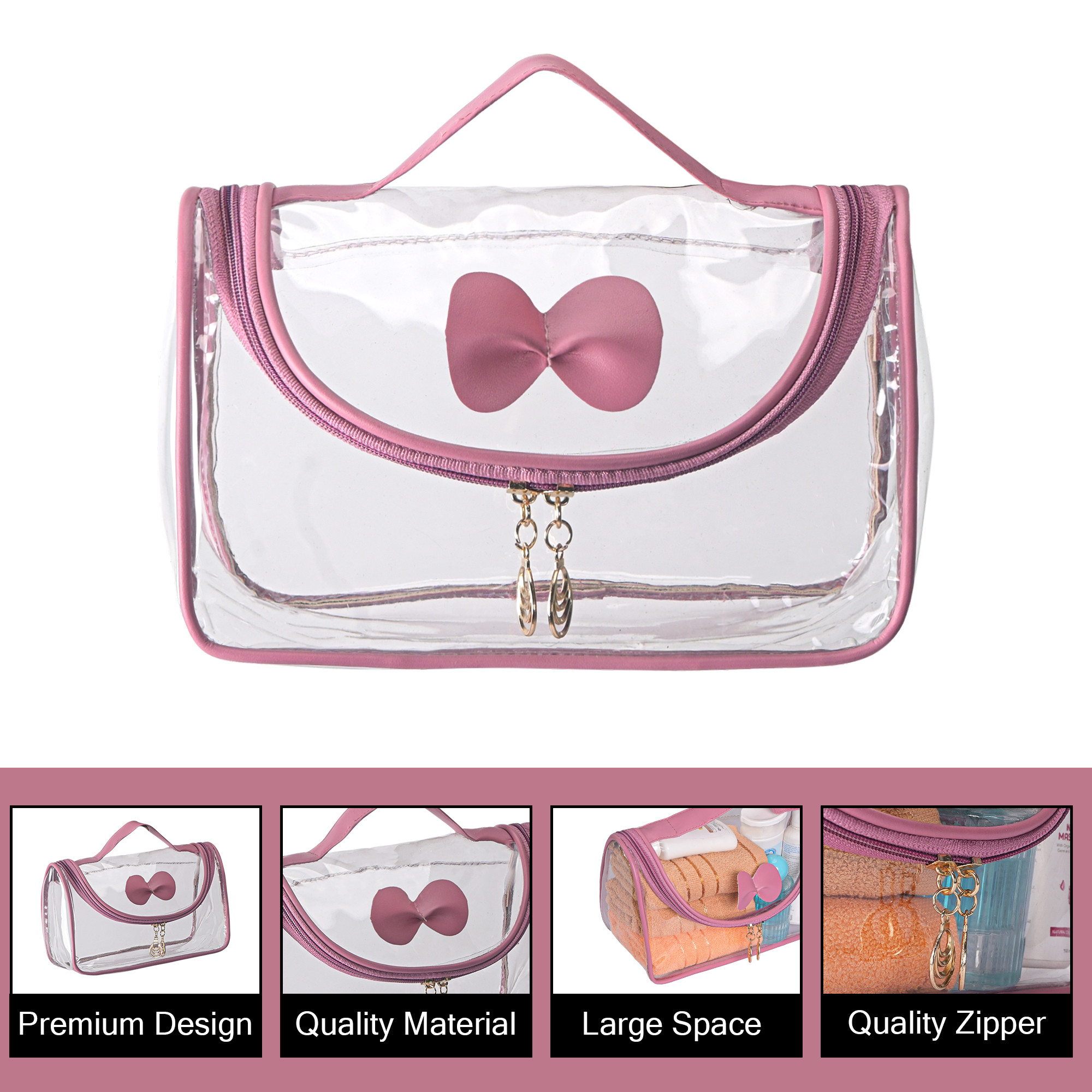 Kuber Industries PVC Waterproof Toiletry Kit Organizer for Women with Handle  Multipurpose Cosmetic  Makeup Kit - Ideal for Travel Bathroom  Daily Use  Bow Design - Pink