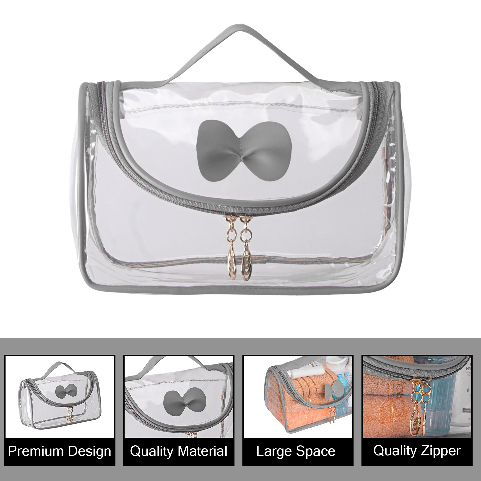 Kuber Industries PVC Waterproof Toiletry Kit Organizer for Women with Handle  Multipurpose Cosmetic  Makeup Kit - Ideal for Travel Bathroom  Daily Use  Bow Design - Grey