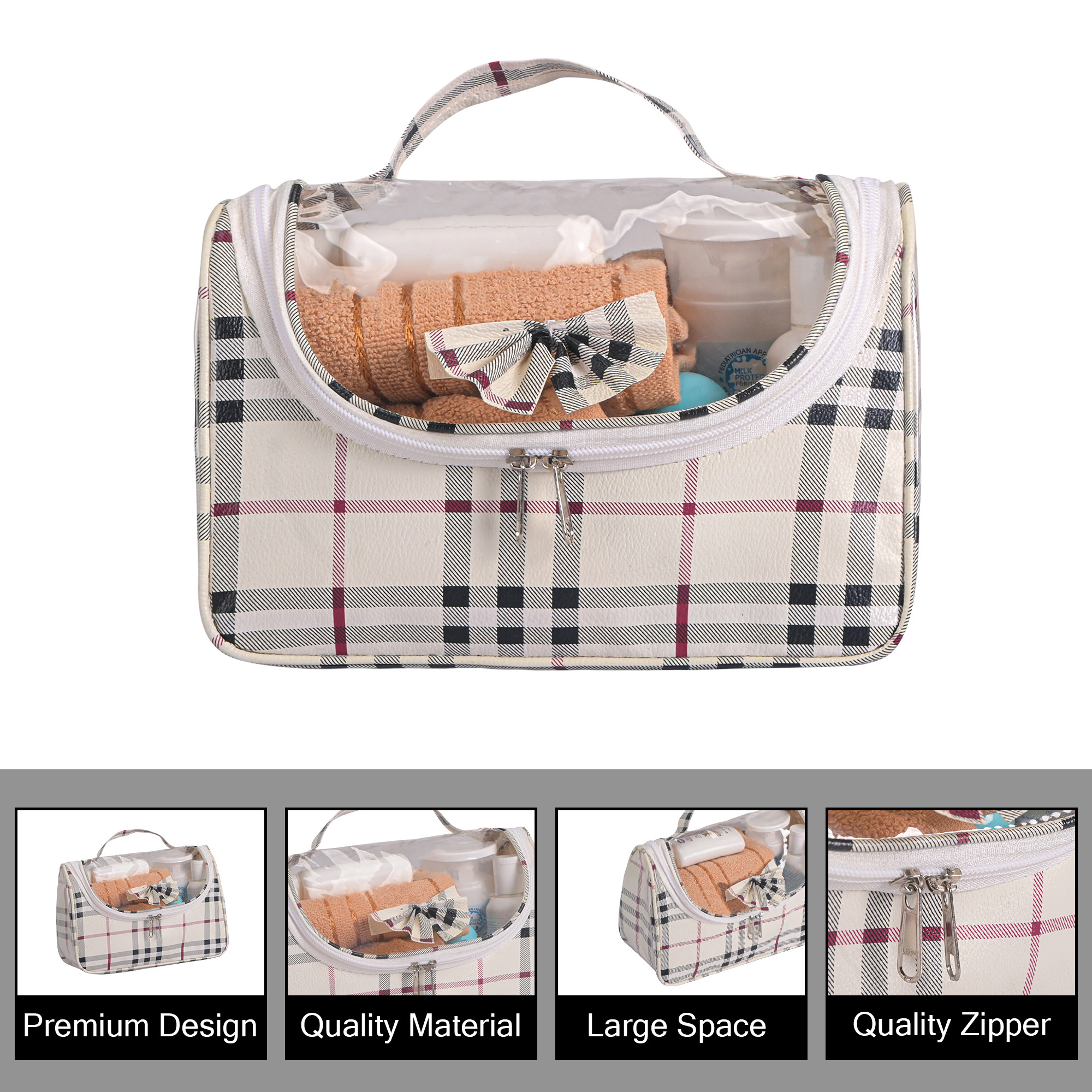 Kuber Industries PVC Waterproof Toiletry Kit Organizer for Women with Handle  Multipurpose Cosmetic  Makeup Kit - Ideal for Travel Bathroom  Daily Use  Bow Check Design - Cream