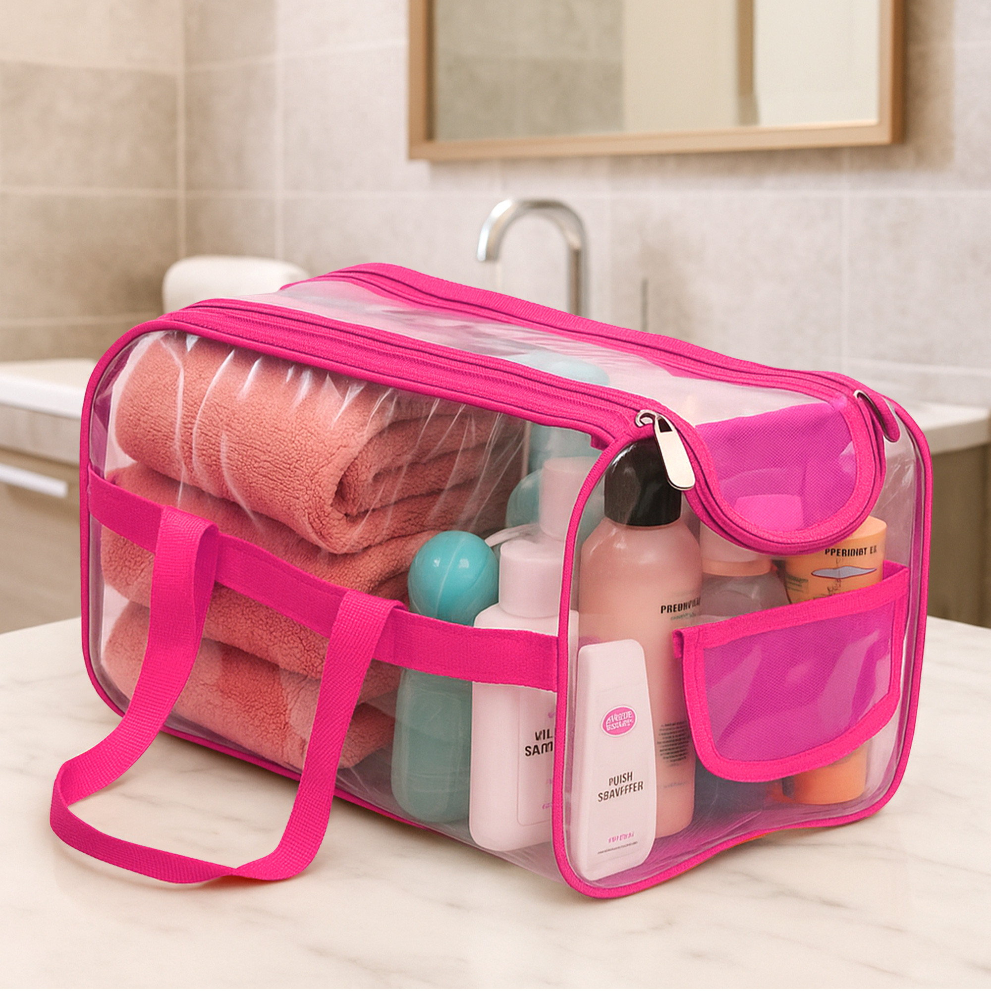 Kuber Industries PVC Waterproof Transparent  Travel Toiletry Bag for ManWoman with Handle  Cosmetic  Makeup Organizer Pouch for Skincare  Shaving Kit  Pink