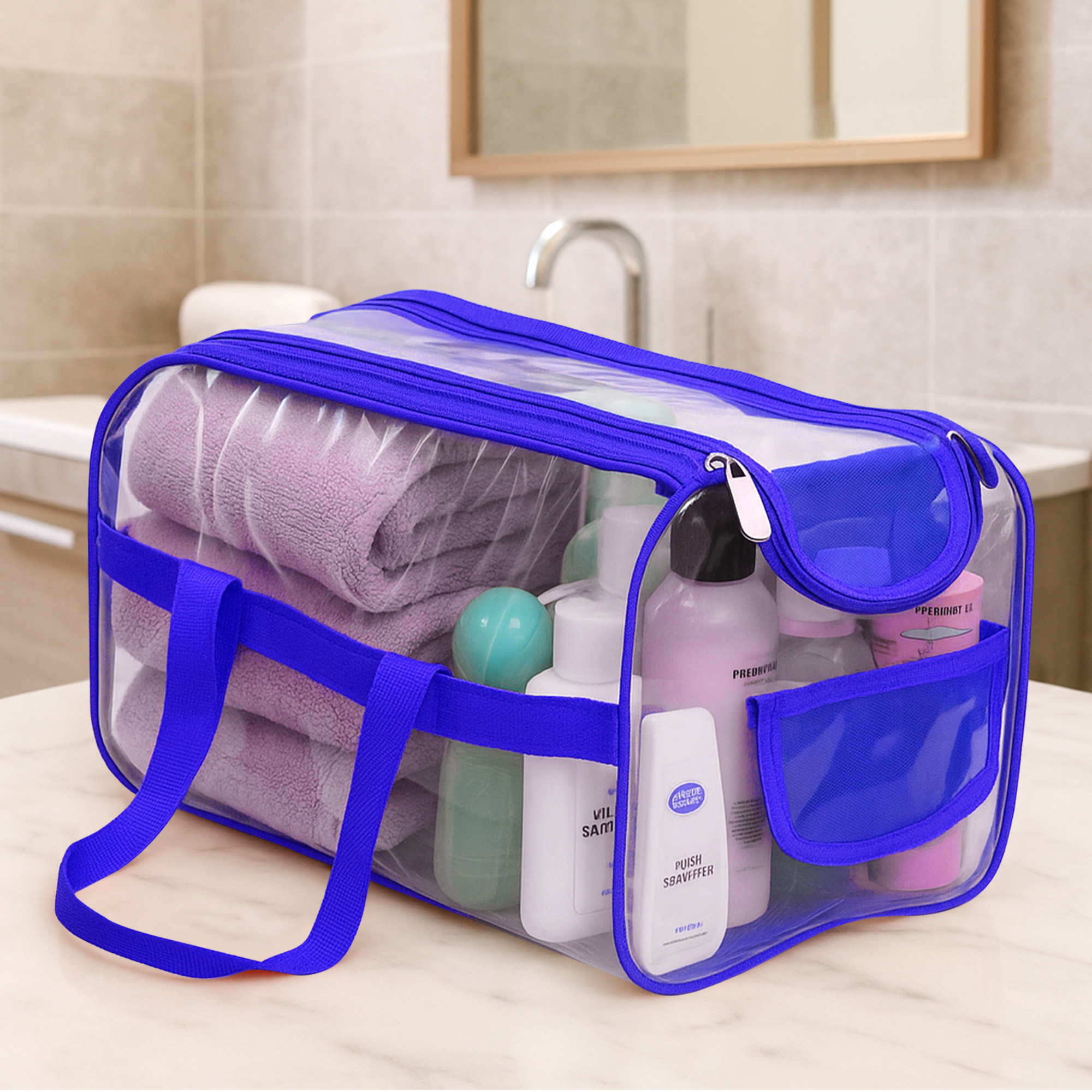 Kuber Industries PVC Waterproof Transparent  Travel Toiletry Bag for ManWoman with Handle  Cosmetic  Makeup Organizer Pouch for Skincare  Shaving Kit  Blue