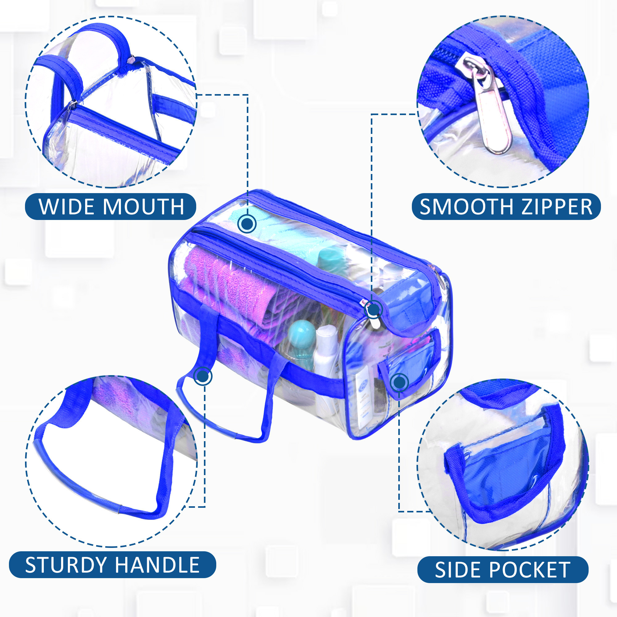 Kuber Industries PVC Waterproof Transparent  Travel Toiletry Bag for ManWoman with Handle  Cosmetic  Makeup Organizer Pouch for Skincare  Shaving Kit  Blue