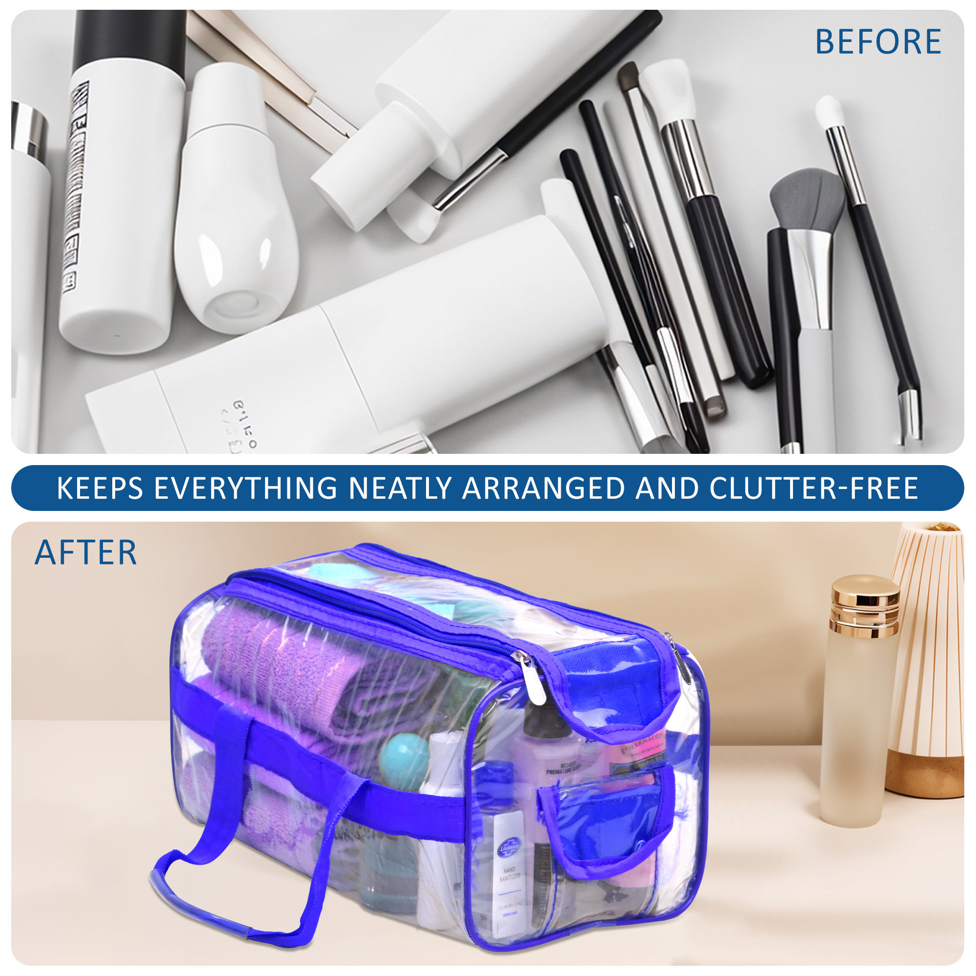 Kuber Industries PVC Waterproof Transparent  Travel Toiletry Bag for ManWoman with Handle  Cosmetic  Makeup Organizer Pouch for Skincare  Shaving Kit  Blue