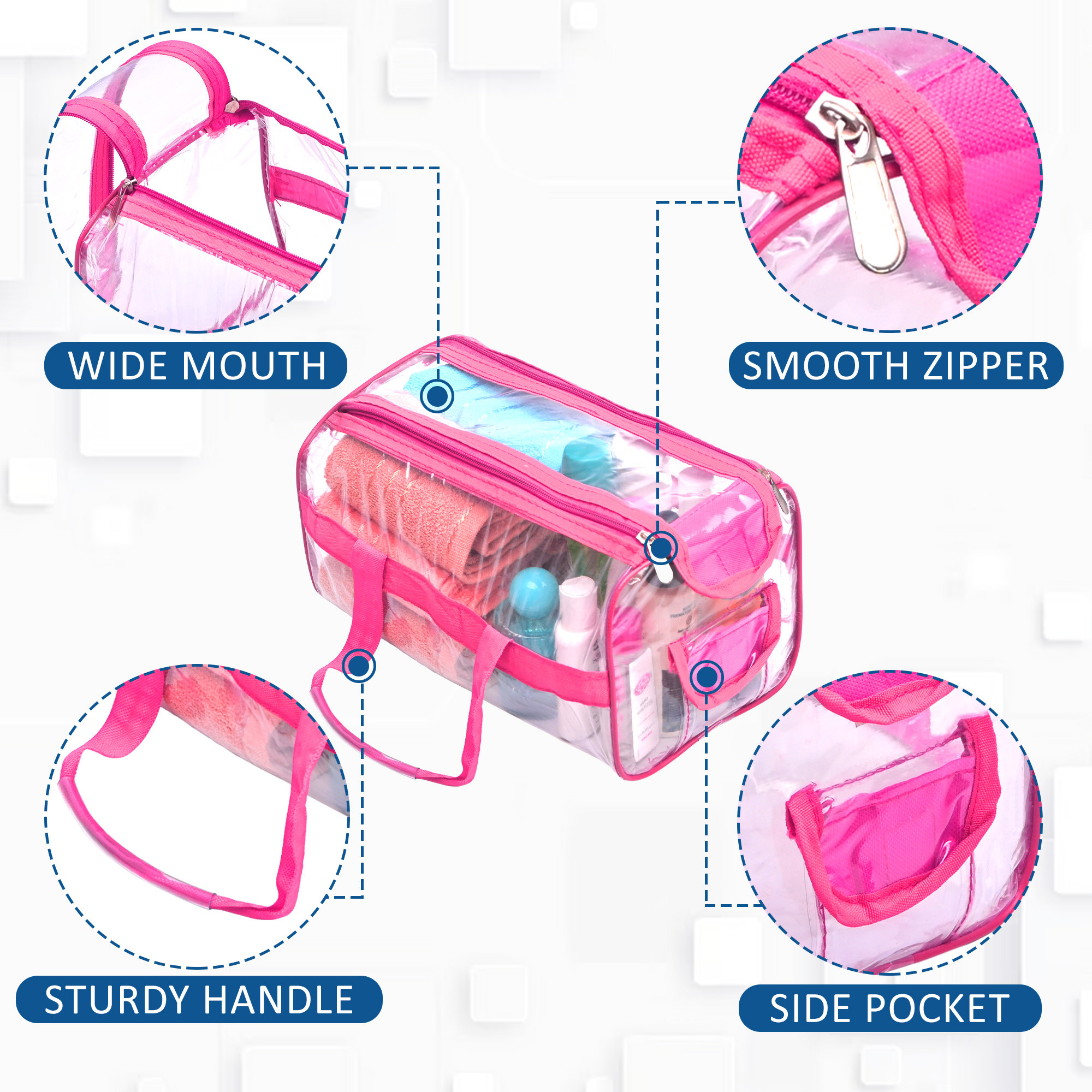Kuber Industries PVC Waterproof Transparent  Travel Toiletry Bag for ManWoman with Handle  Cosmetic  Makeup Organizer Pouch for Skincare  Shaving Kit  Pink