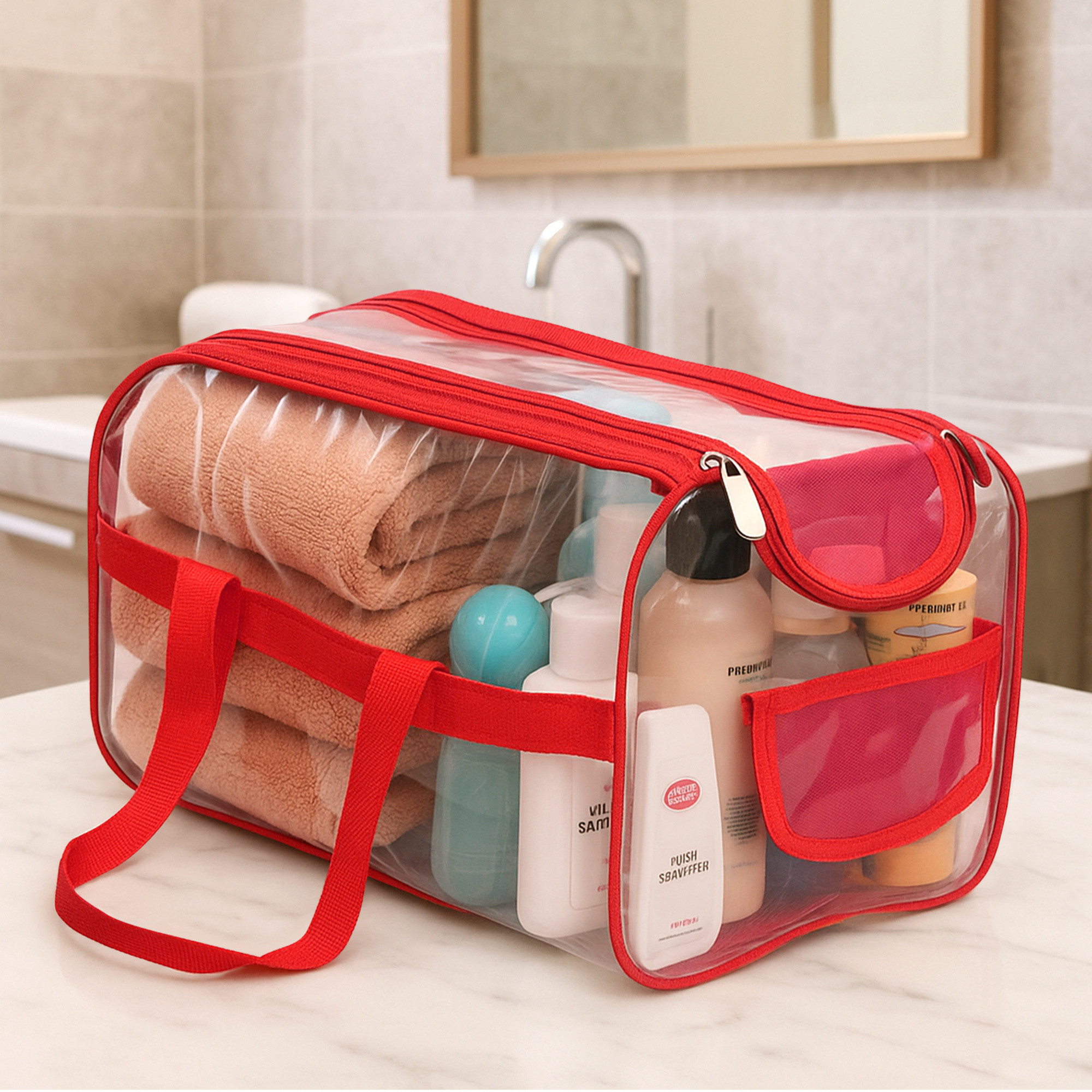 Kuber Industries PVC Waterproof Transparent  Travel Toiletry Bag for ManWoman with Handle  Cosmetic  Makeup Organizer Pouch for Skincare  Shaving Kit  Red