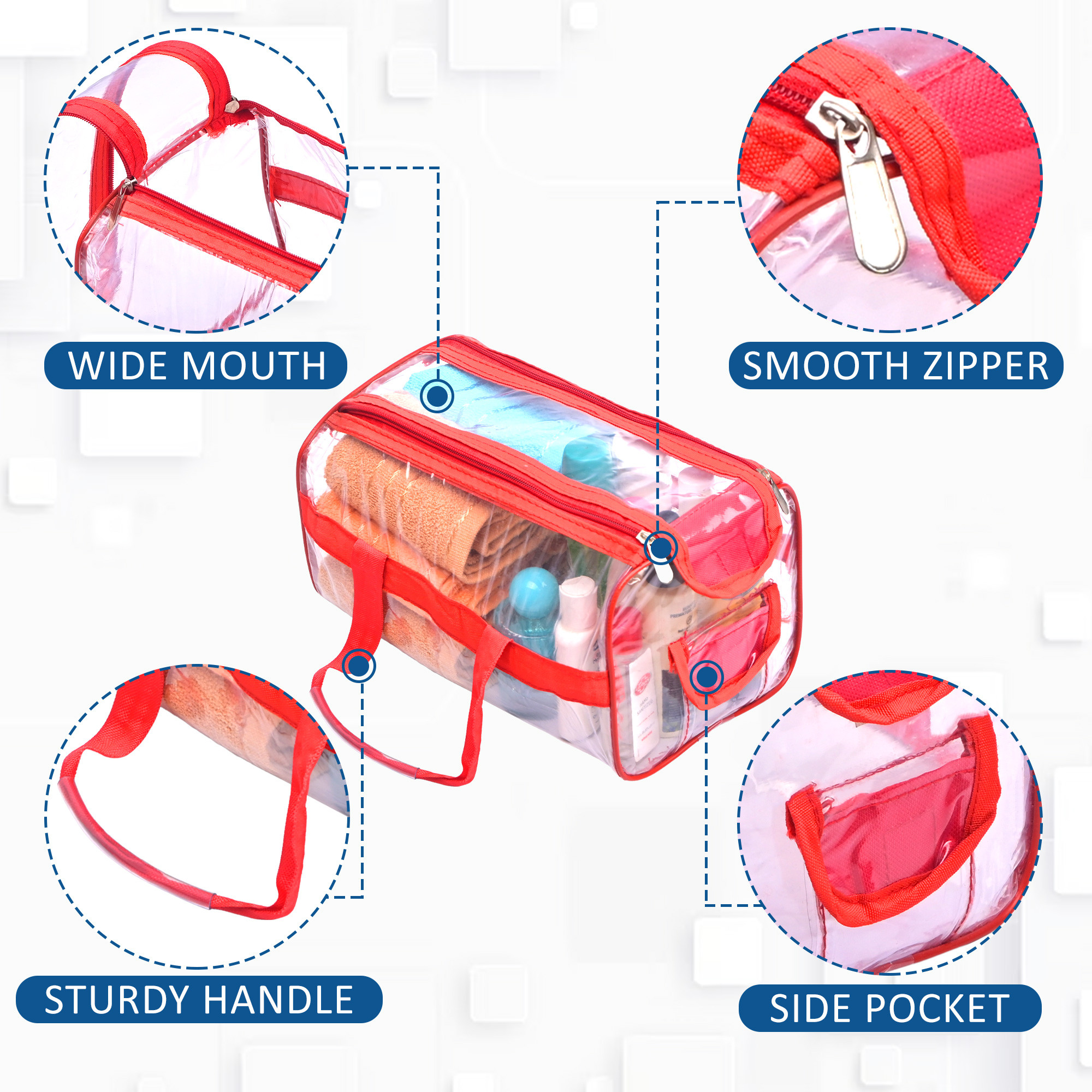 Kuber Industries PVC Waterproof Transparent  Travel Toiletry Bag for ManWoman with Handle  Cosmetic  Makeup Organizer Pouch for Skincare  Shaving Kit  Red
