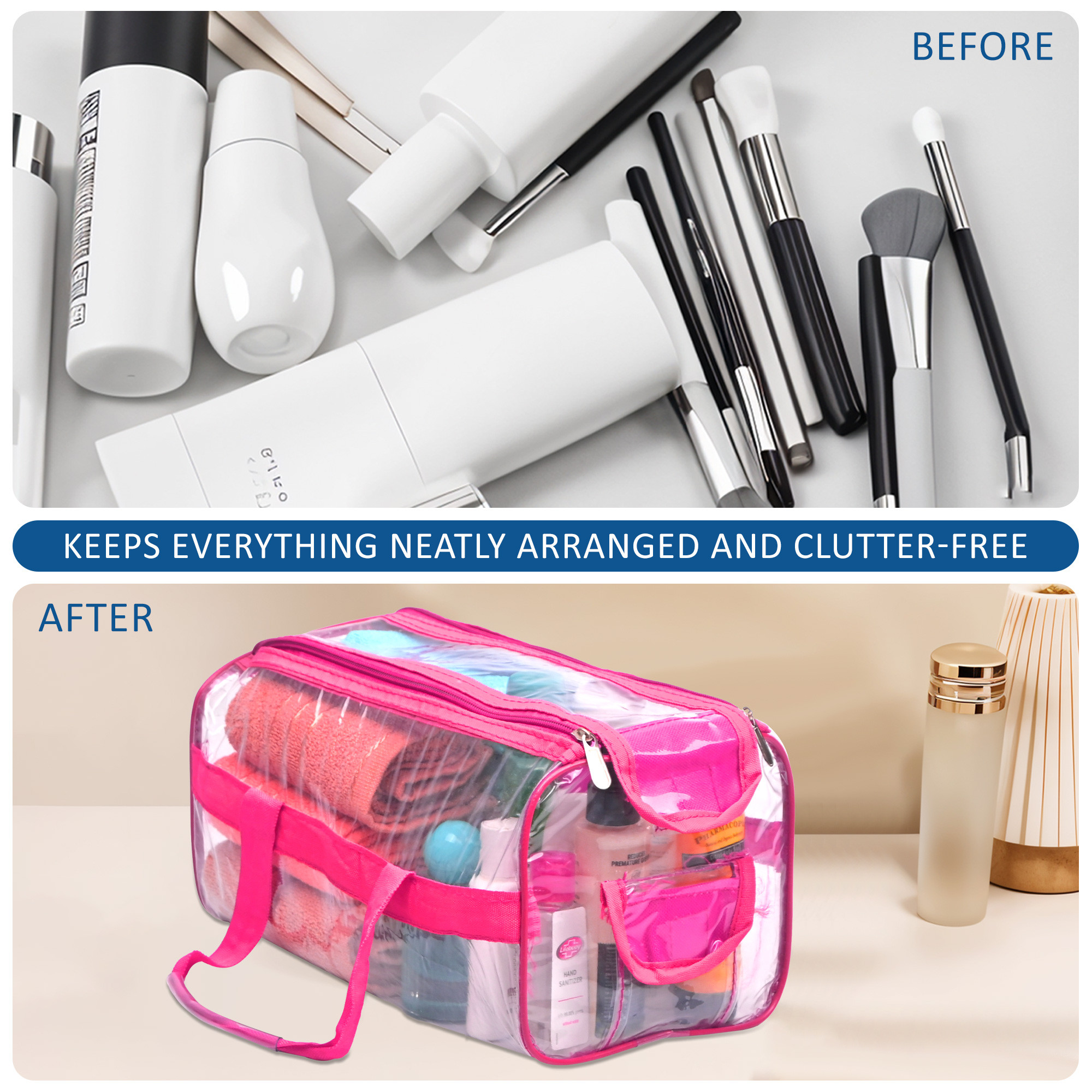 Kuber Industries PVC Waterproof Transparent Large Travel Toiletry Bag for ManWoman with Handle  Cosmetic  Makeup Organizer Pouch for Skincare  Shaving Kit  Pink
