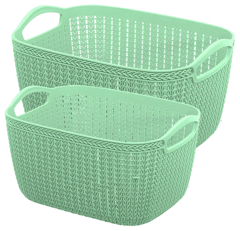 Kuber Industries Q-5,6 Unbreakable Plastic Multipurpose Large &amp; Medium Size Flexible Storage Baskets/Fruit Vegetable Bathroom Stationary Home Basket with Handles (Light Green)
