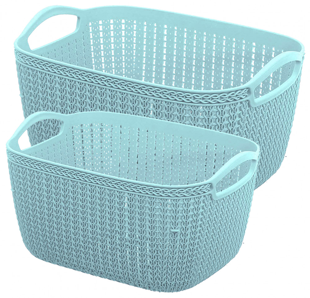 Kuber Industries Q-5,6 Unbreakable Plastic Multipurpose Large &amp; Medium Size Flexible Storage Baskets/Fruit Vegetable Bathroom Stationary Home Basket with Handles (Light Blue)