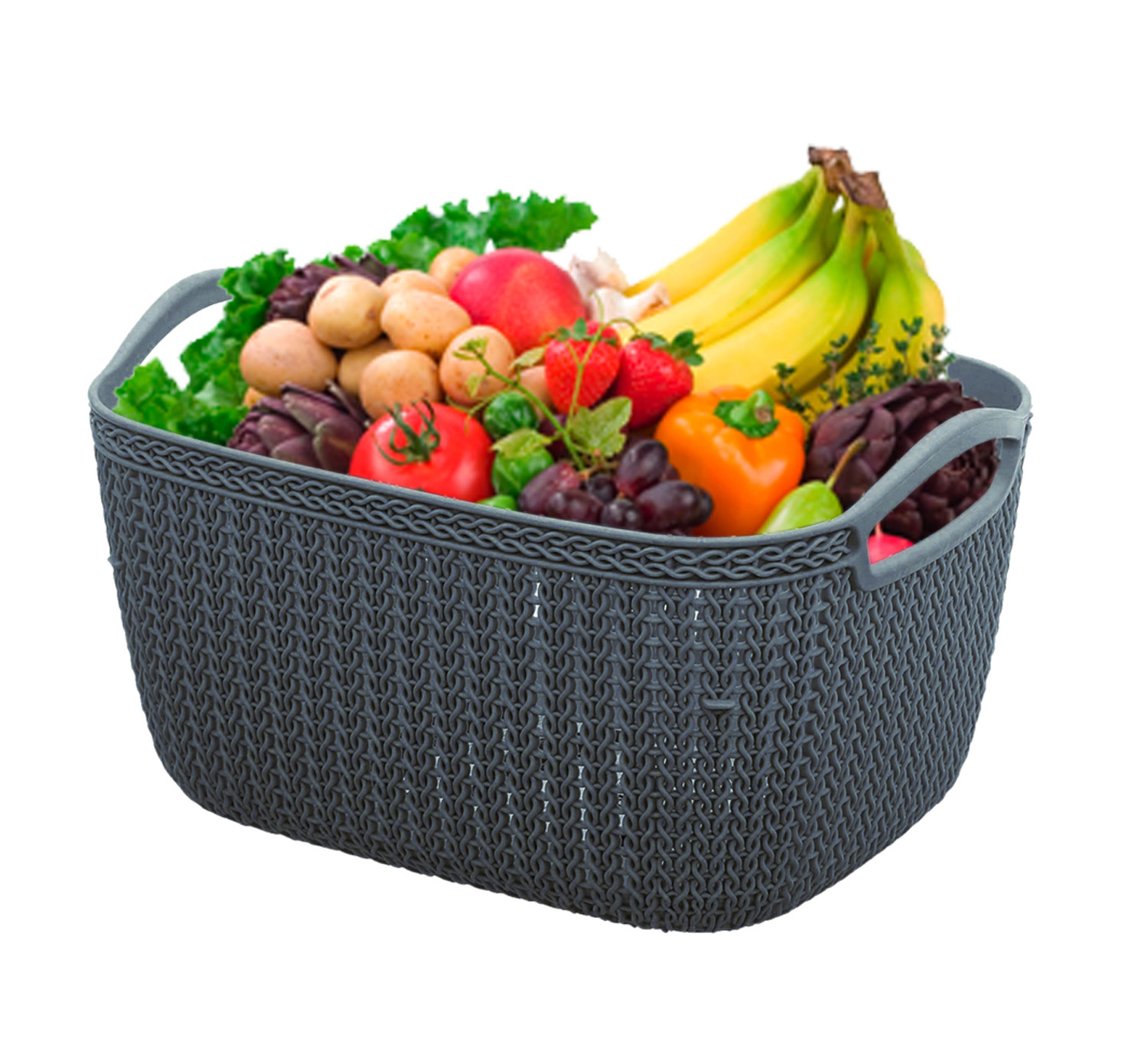 Kuber Industries Q-5,6 Unbreakable Plastic Multipurpose Large & Medium Size Flexible Storage Baskets/Fruit Vegetable Bathroom Stationary Home Basket with Handles (Grey)