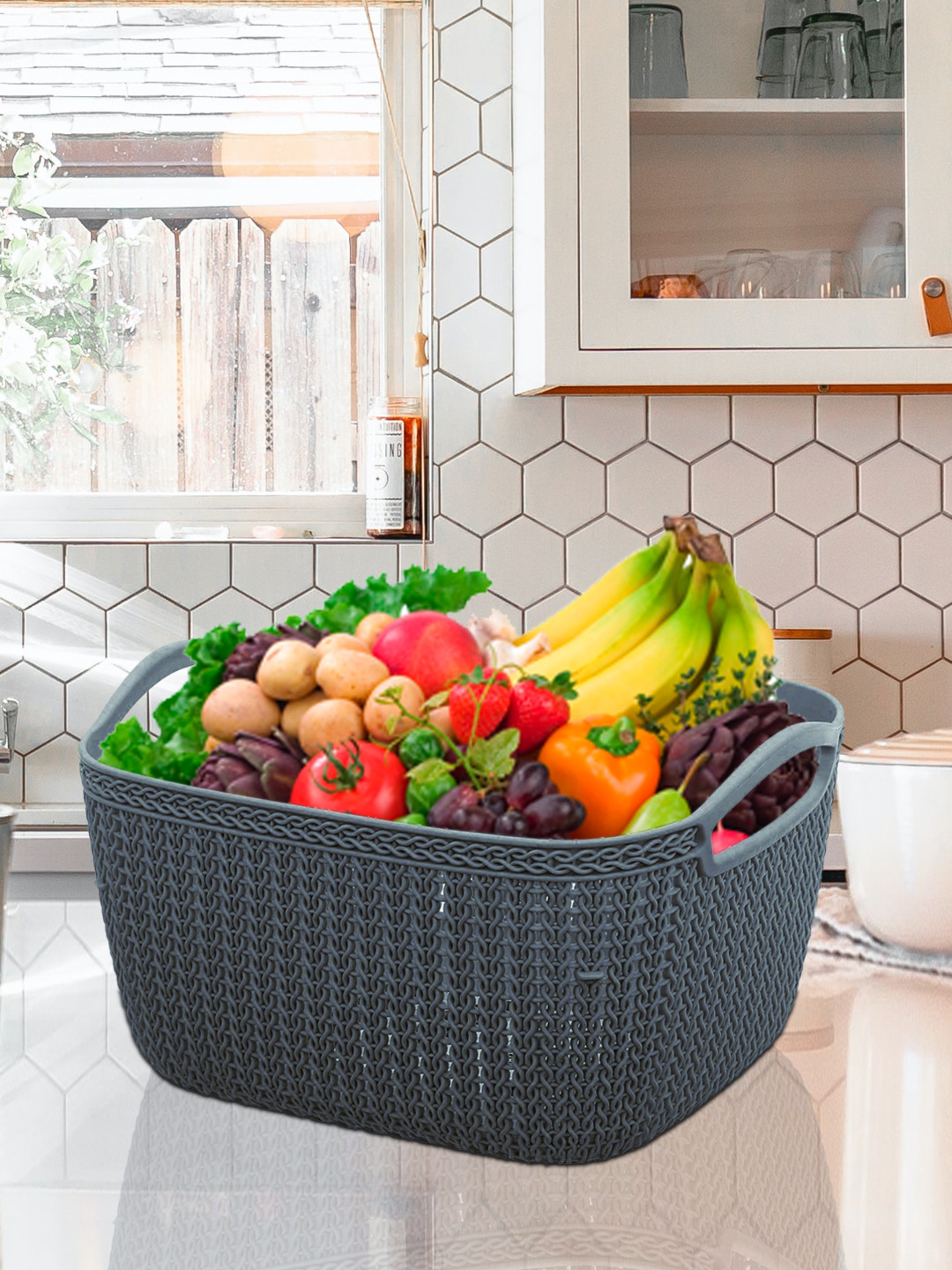 Kuber Industries Q-6 Unbreakable Plastic 3 Pieces Multipurpose Large Size Flexible Storage Baskets/Fruit Vegetable Bathroom Stationary Home Basket with Handles (Light Green & Light Blue & Grey)