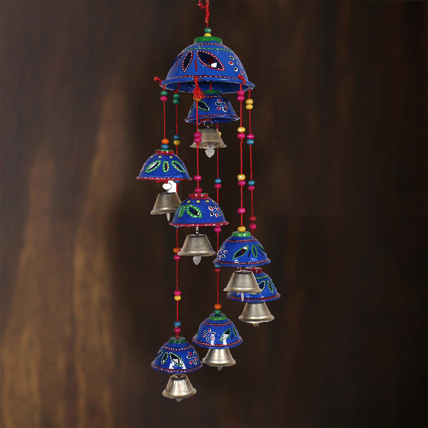 Kuber Industries Rajasthani Design Handcrafted Hanging Windchimes|Latkan With 8 Bells for Home Décor & Positive Energy (Blue)