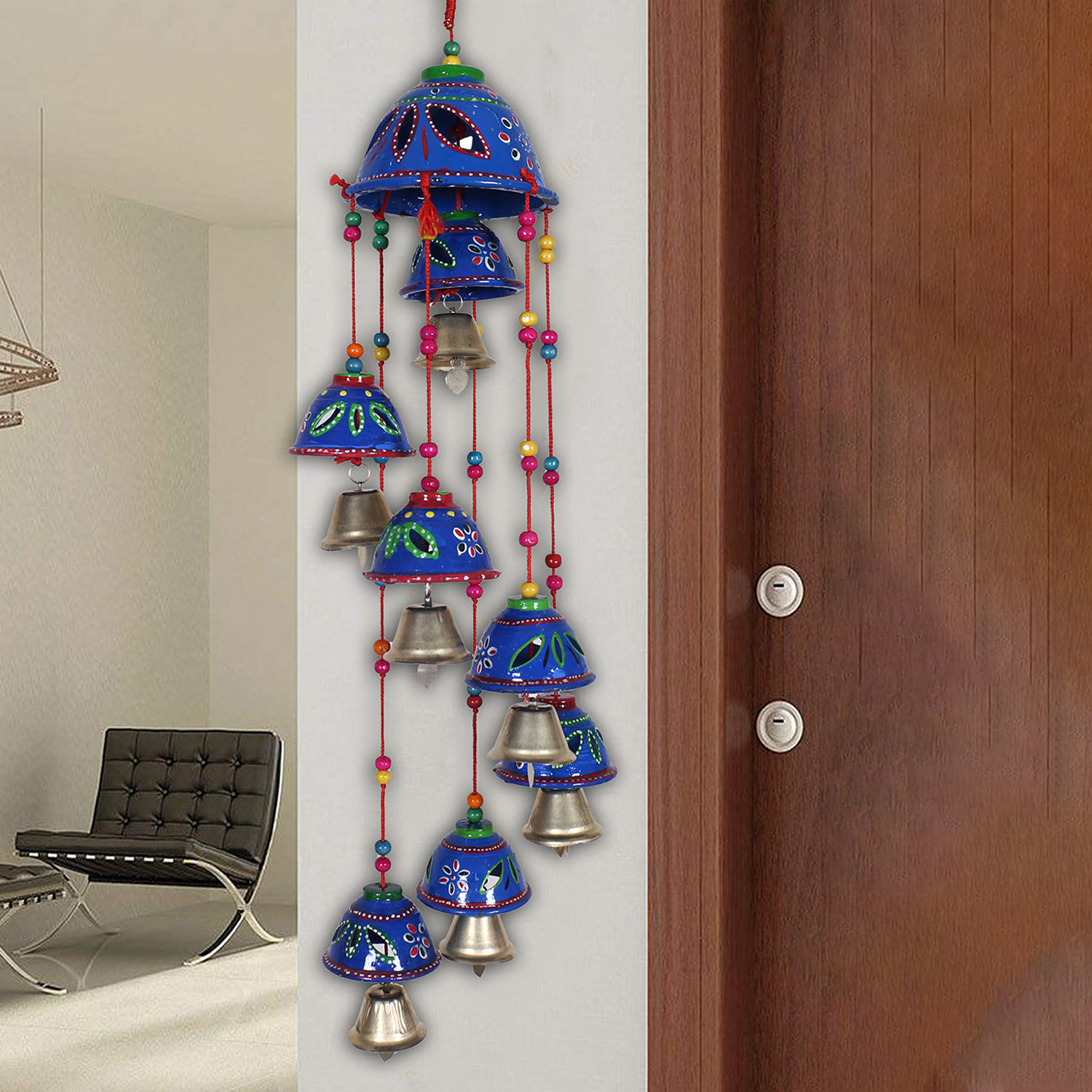 Kuber Industries Rajasthani Design Handcrafted Hanging Windchimes|Latkan With 8 Bells for Home Décor & Positive Energy (Blue)