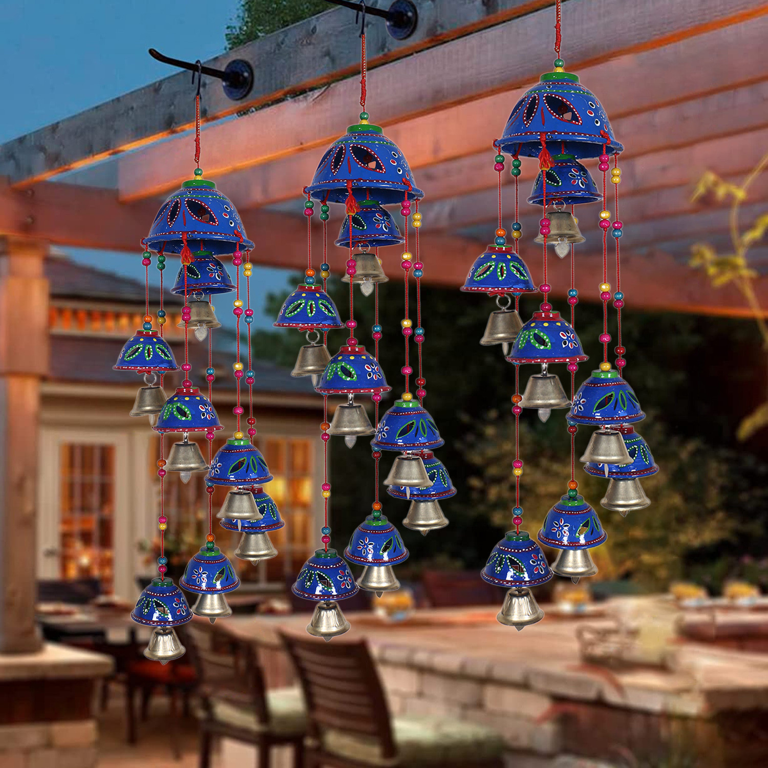 Kuber Industries Rajasthani Design Handcrafted Hanging Windchimes|Latkan With 8 Bells for Home Décor & Positive Energy (Blue)