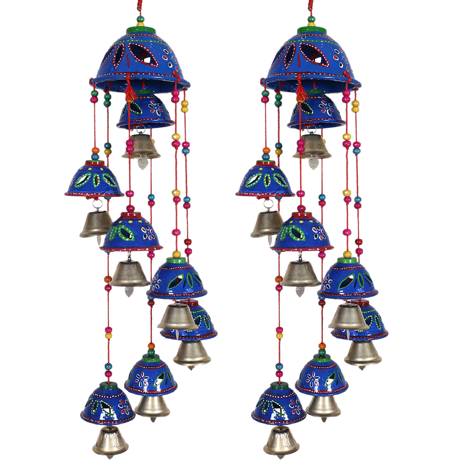 Kuber Industries Rajasthani Design Handcrafted Hanging Windchimes|Latkan With 8 Bells for Home Décor & Positive Energy (Blue)