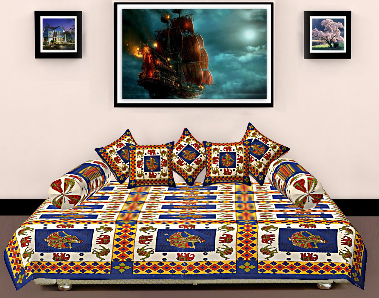 Kuber Industries Rajasthani Printed Cotton Diwan Set With 8 Pieces (Blue)