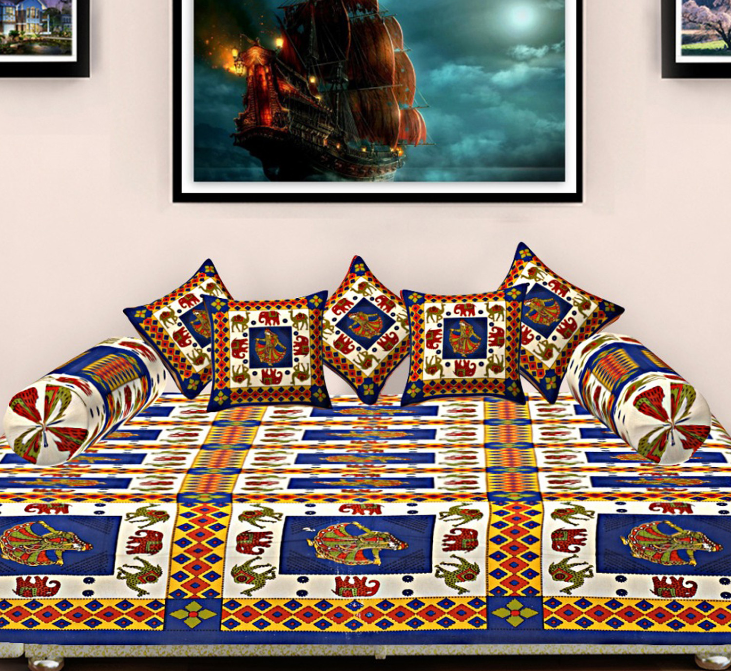 Kuber Industries Rajasthani Printed Cotton Diwan Set With 8 Pieces (Blue)