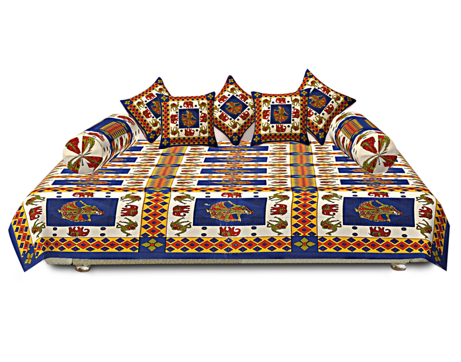 Kuber Industries Rajasthani Printed Cotton Diwan Set With 8 Pieces (Blue)