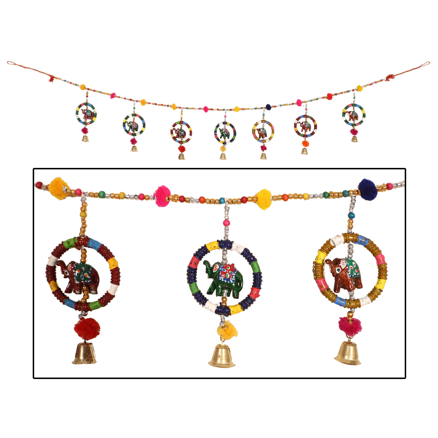 Kuber Industries Rajasthani Traditional Ring Windchimes With Bells|Hanging Elephant Bandarwal|Door Hanging Latkan (Multicolor)