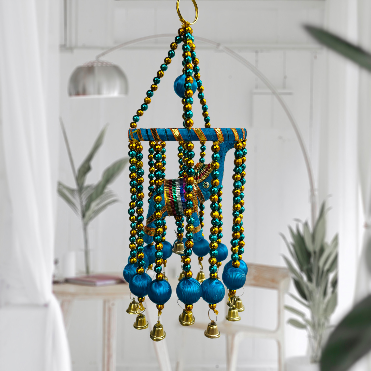 Kuber Industries Rajasthani Traditional Windchimes|1 Ring Elephant Jhumar with Bells|Polyester Handcrafted Latkan|Decorative Door Hanging Latkan (Multicolor)