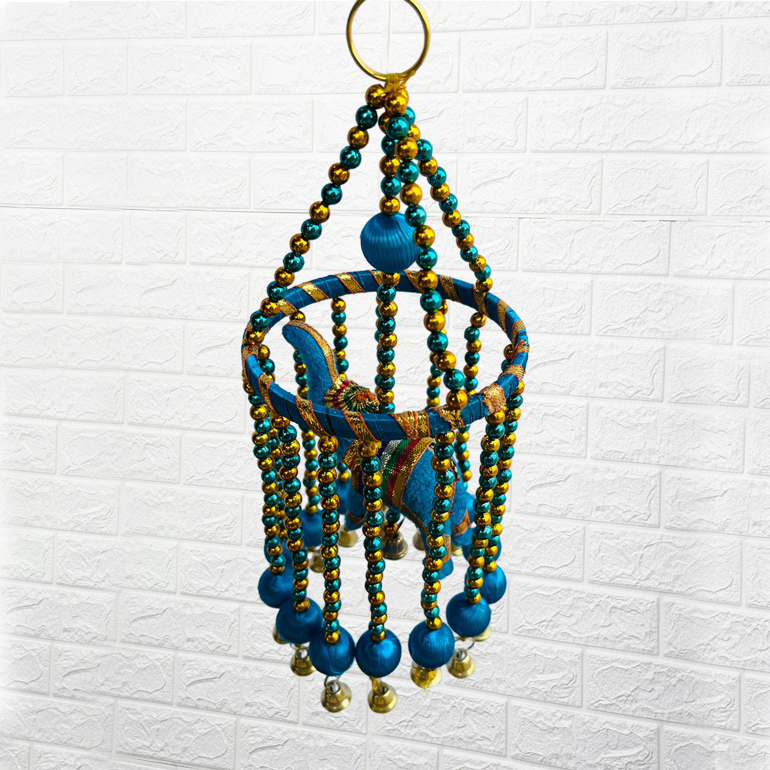 Kuber Industries Rajasthani Traditional Windchimes|1 Ring Elephant Jhumar with Bells|Polyester Handcrafted Latkan|Decorative Door Hanging Latkan (Multicolor)