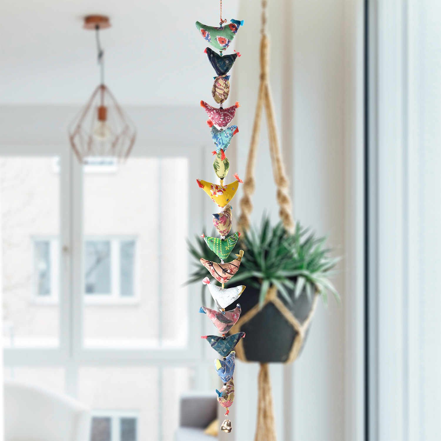 Kuber Industries Rajasthani Traditional Windchimes15 Hanging Birds with BellPolyester Handcrafted LatkanDecorative Door Hanging Latkan Multicolor