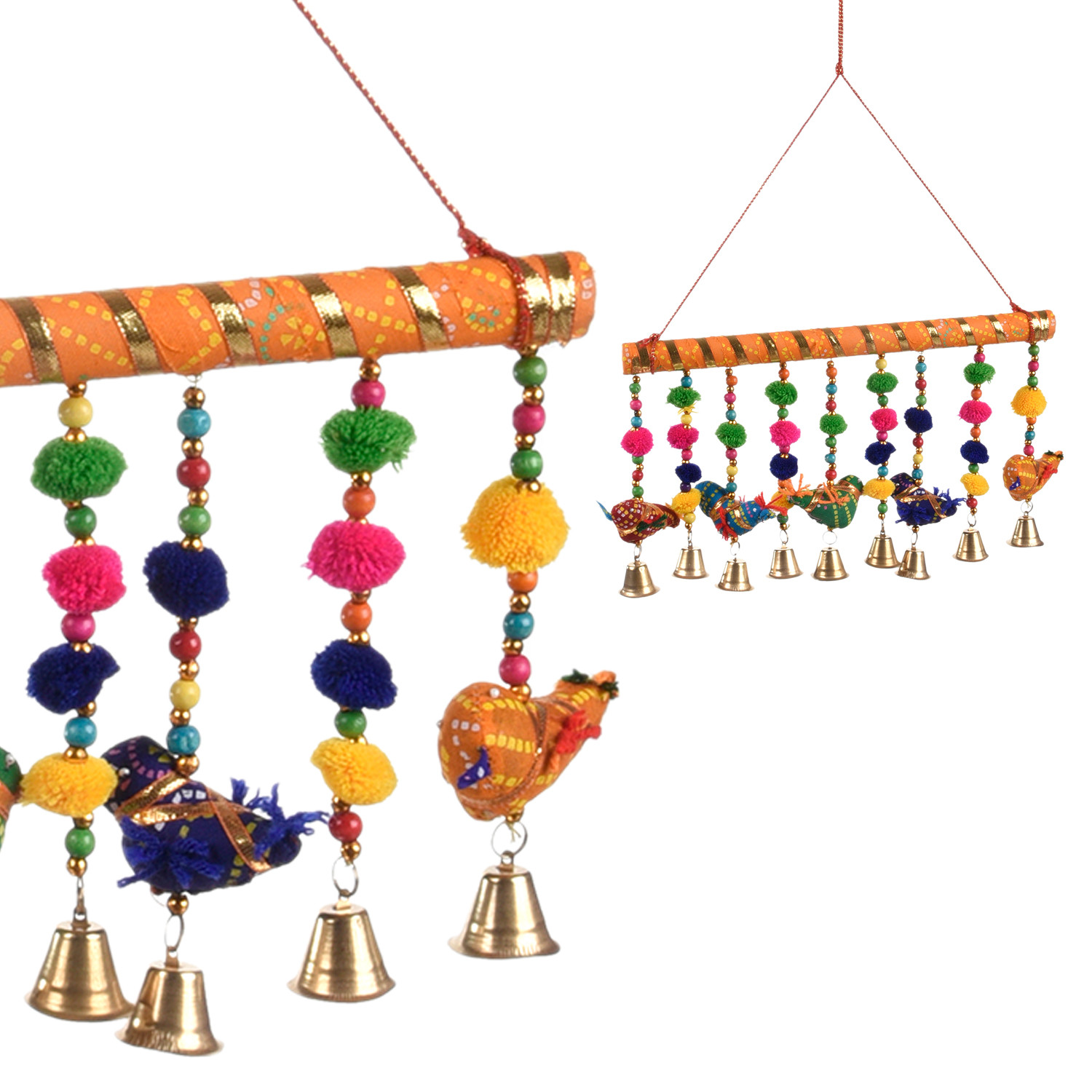 Kuber Industries Rajasthani Traditional Windchimes|5 Hanging Birds with Bamboo|Polyester Handcrafted Latkan|Decorative Door Hanging Latkan (Multicolor)