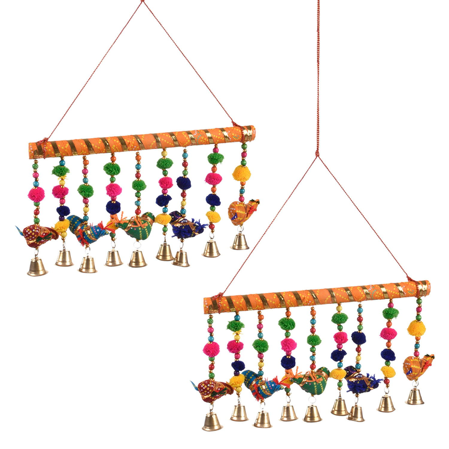 Kuber Industries Rajasthani Traditional Windchimes|5 Hanging Birds with Bamboo|Polyester Handcrafted Latkan|Decorative Door Hanging Latkan (Multicolor)