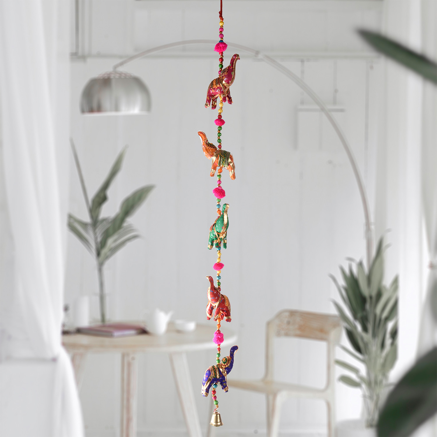 Kuber Industries Rajasthani Traditional Windchimes|5 Hanging Elephants|Polyester Handcrafted Latkan|Decorative Door Hanging Latkan (Multicolor)