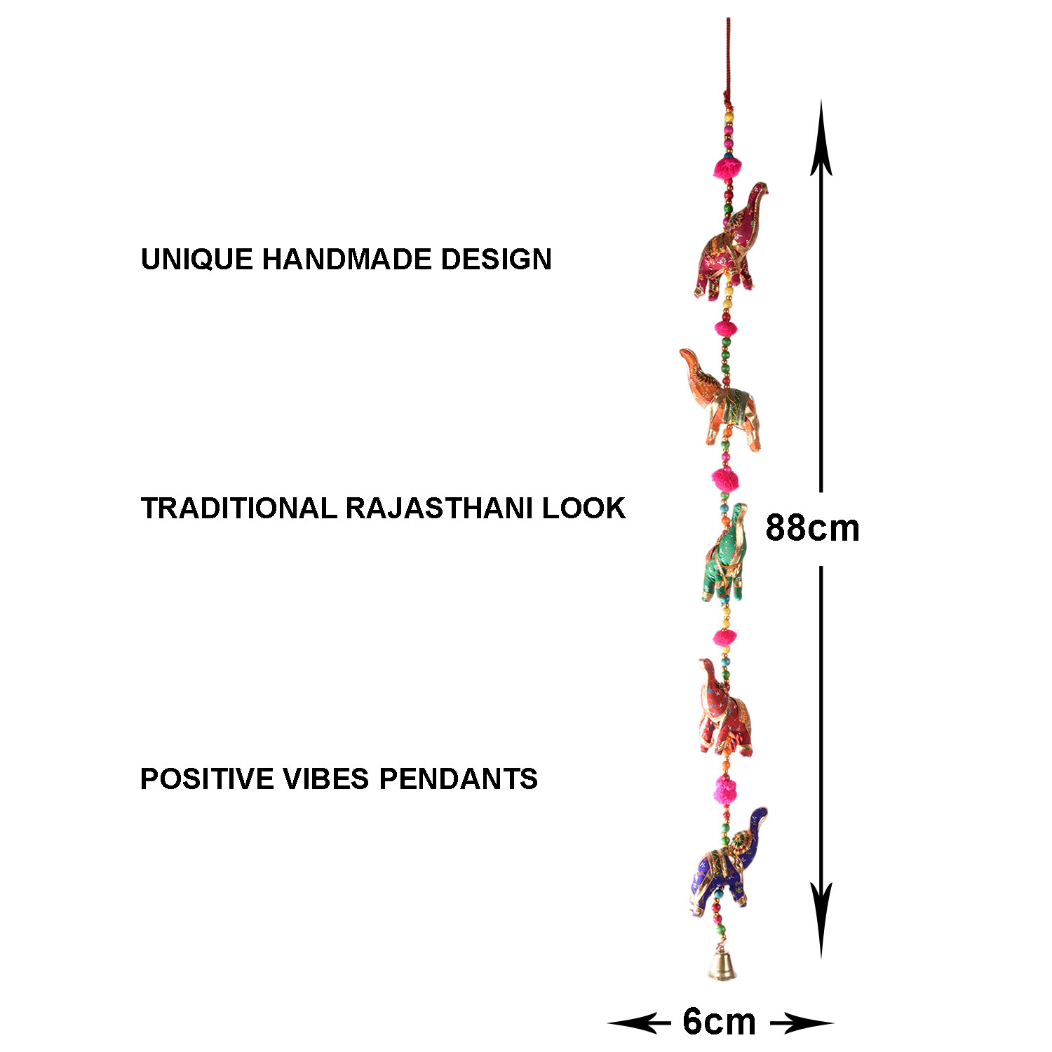 Kuber Industries Rajasthani Traditional Windchimes|5 Hanging Elephants|Polyester Handcrafted Latkan|Decorative Door Hanging Latkan (Multicolor)