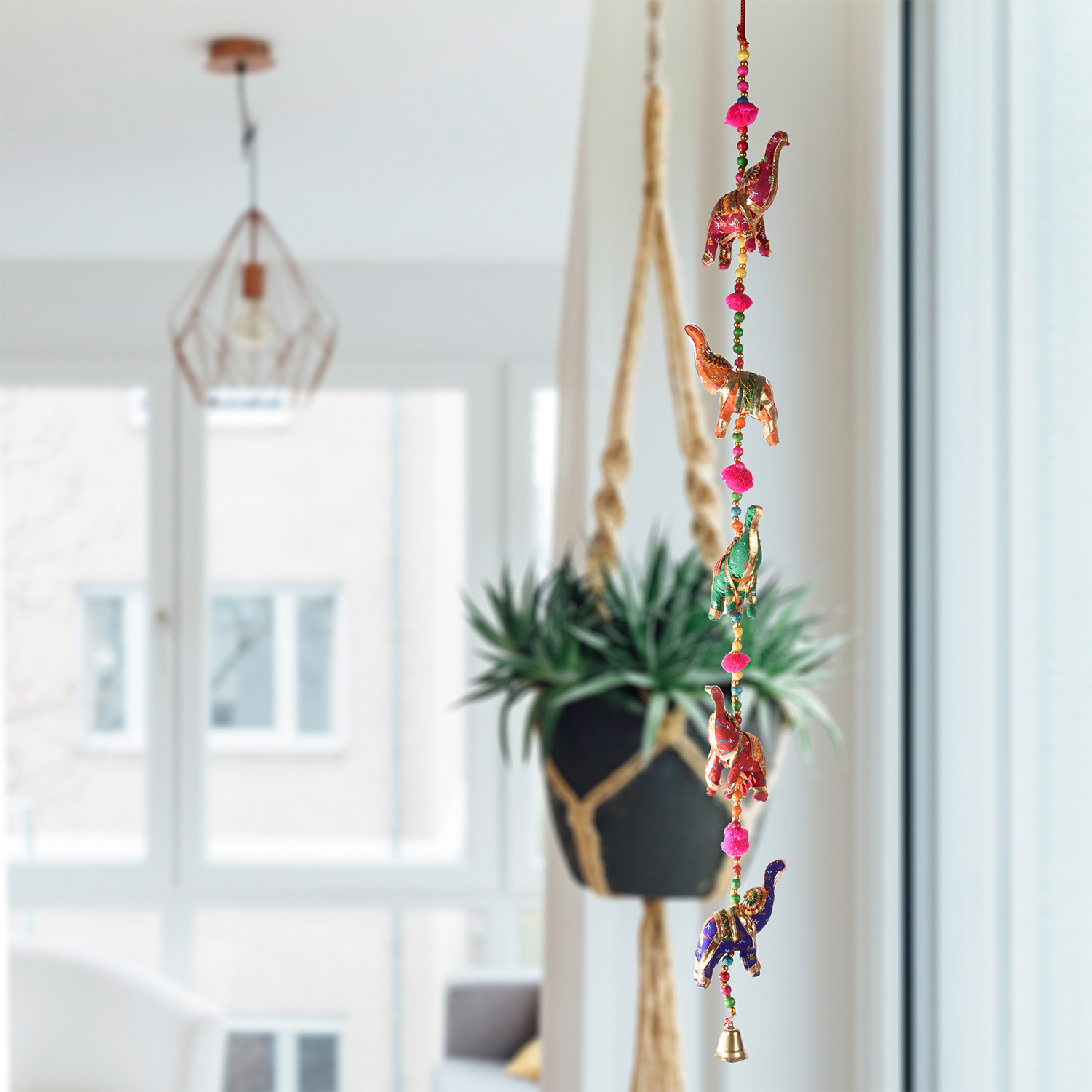 Kuber Industries Rajasthani Traditional Windchimes|5 Hanging Elephants|Polyester Handcrafted Latkan|Decorative Door Hanging Latkan (Multicolor)