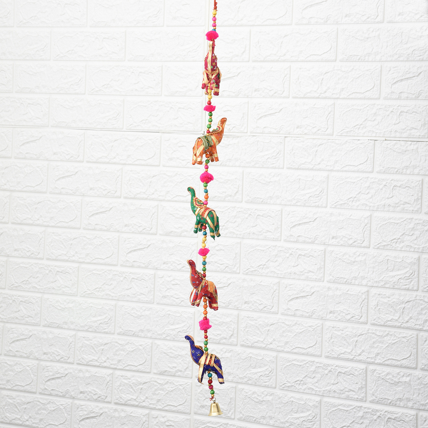 Kuber Industries Rajasthani Traditional Windchimes|5 Hanging Elephants|Polyester Handcrafted Latkan|Decorative Door Hanging Latkan (Multicolor)