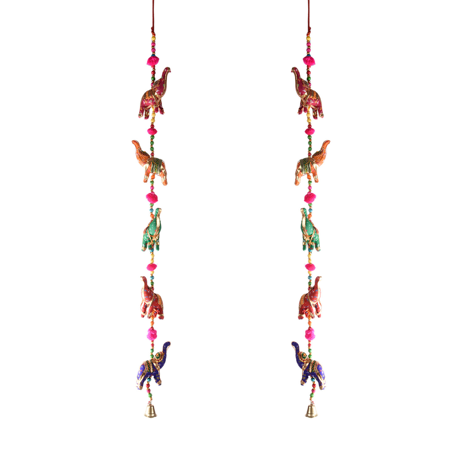 Kuber Industries Rajasthani Traditional Windchimes|5 Hanging Elephants|Polyester Handcrafted Latkan|Decorative Door Hanging Latkan (Multicolor)