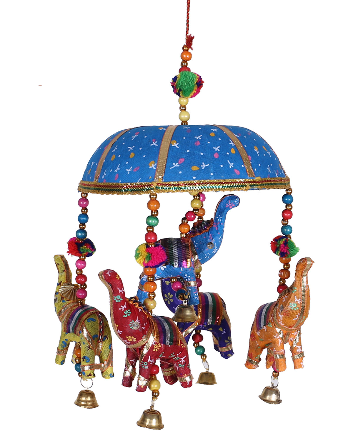 Kuber Industries Rajasthani Traditional Windchimes|Cotton Fabric Pompom Handmade Latkan|Toran With 5 Decorative Hanging Elephants (Blue)