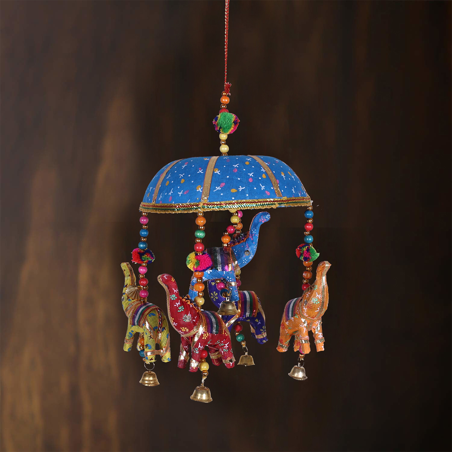 Kuber Industries Rajasthani Traditional Windchimes|Cotton Fabric Pompom Handmade Latkan|Toran With 5 Decorative Hanging Elephants (Blue)
