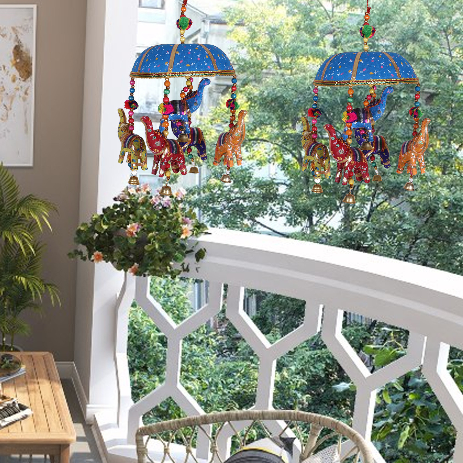 Kuber Industries Rajasthani Traditional Windchimes|Cotton Fabric Pompom Handmade Latkan|Toran With 5 Decorative Hanging Elephants (Blue)