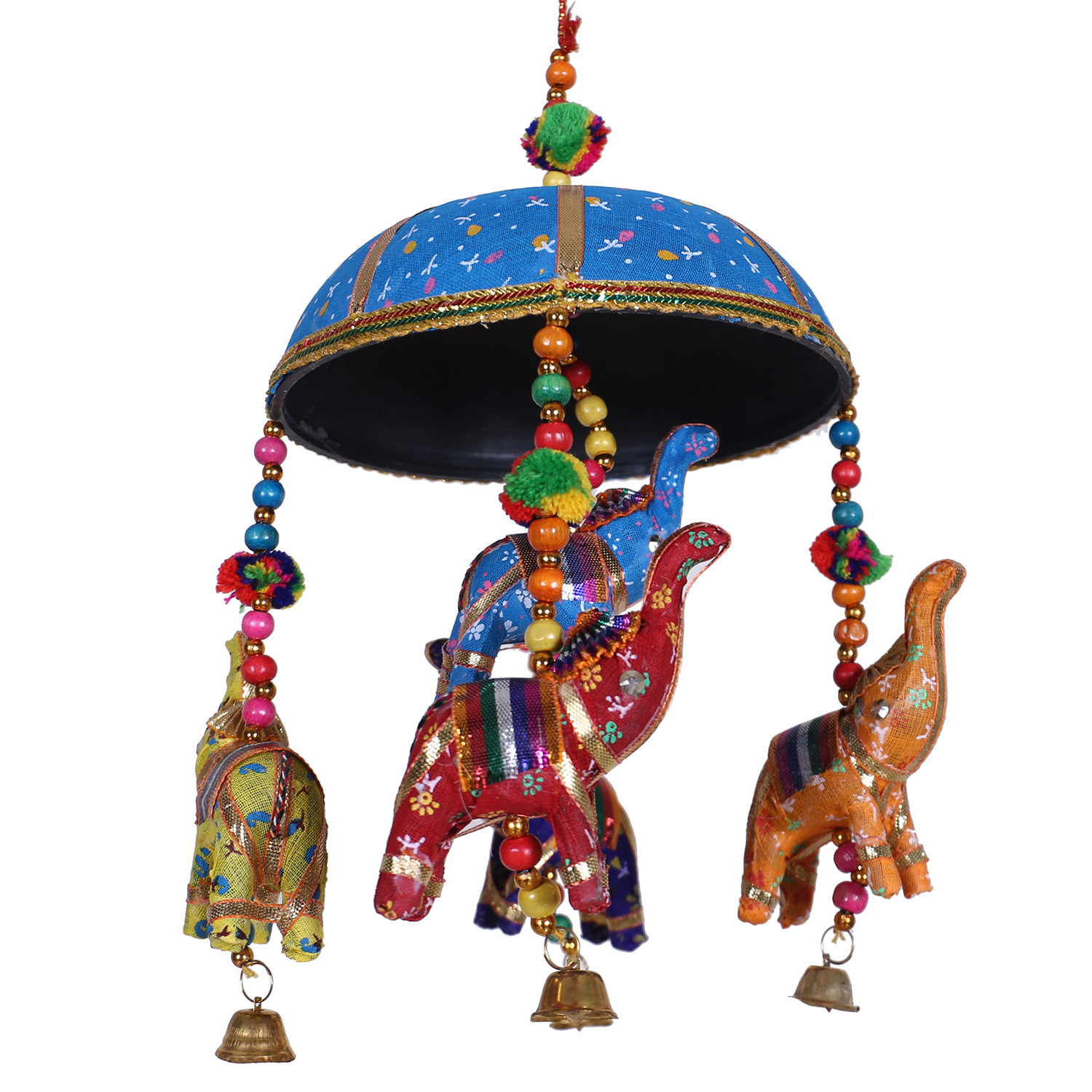 Kuber Industries Rajasthani Traditional Windchimes|Cotton Fabric Pompom Handmade Latkan|Toran With 5 Decorative Hanging Elephants (Blue)