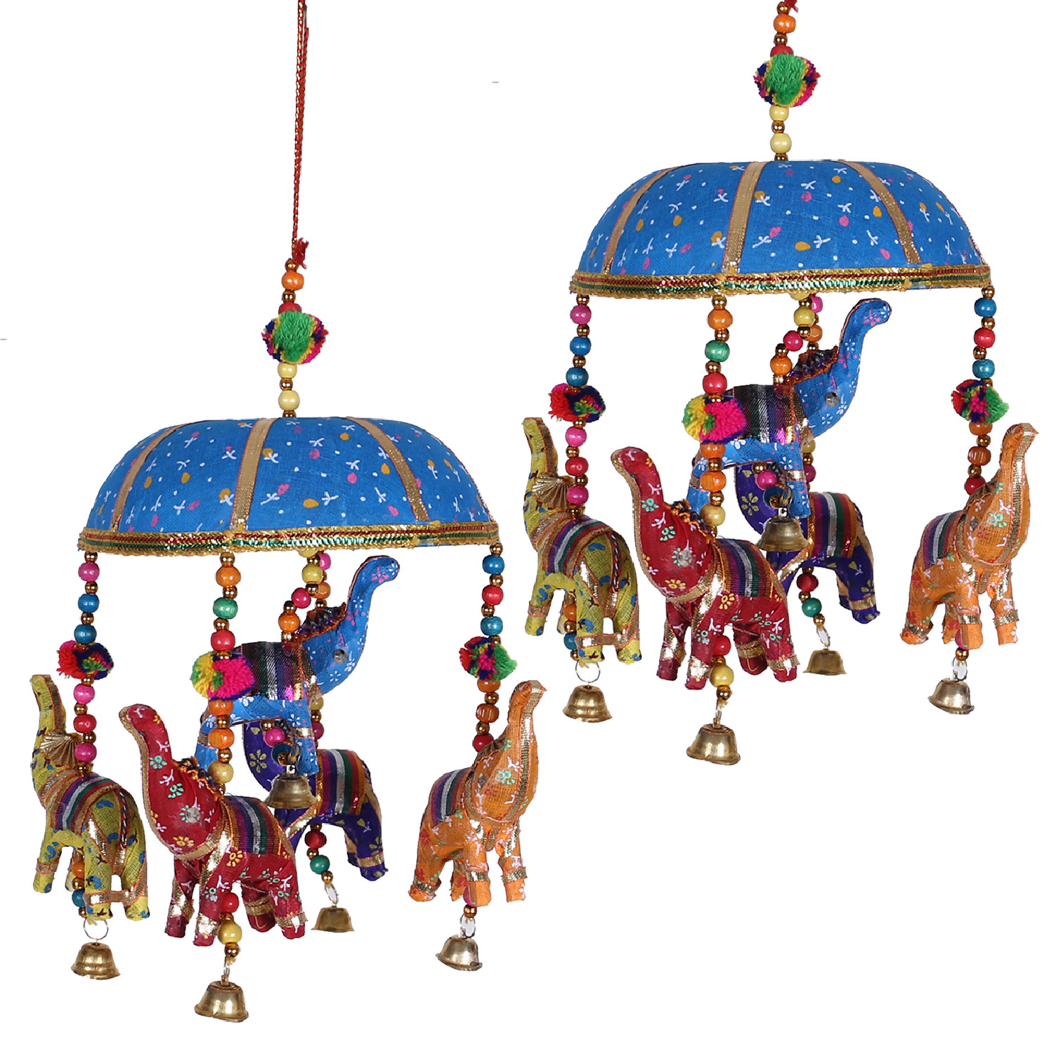 Kuber Industries Rajasthani Traditional Windchimes|Cotton Fabric Pompom Handmade Latkan|Toran With 5 Decorative Hanging Elephants (Blue)