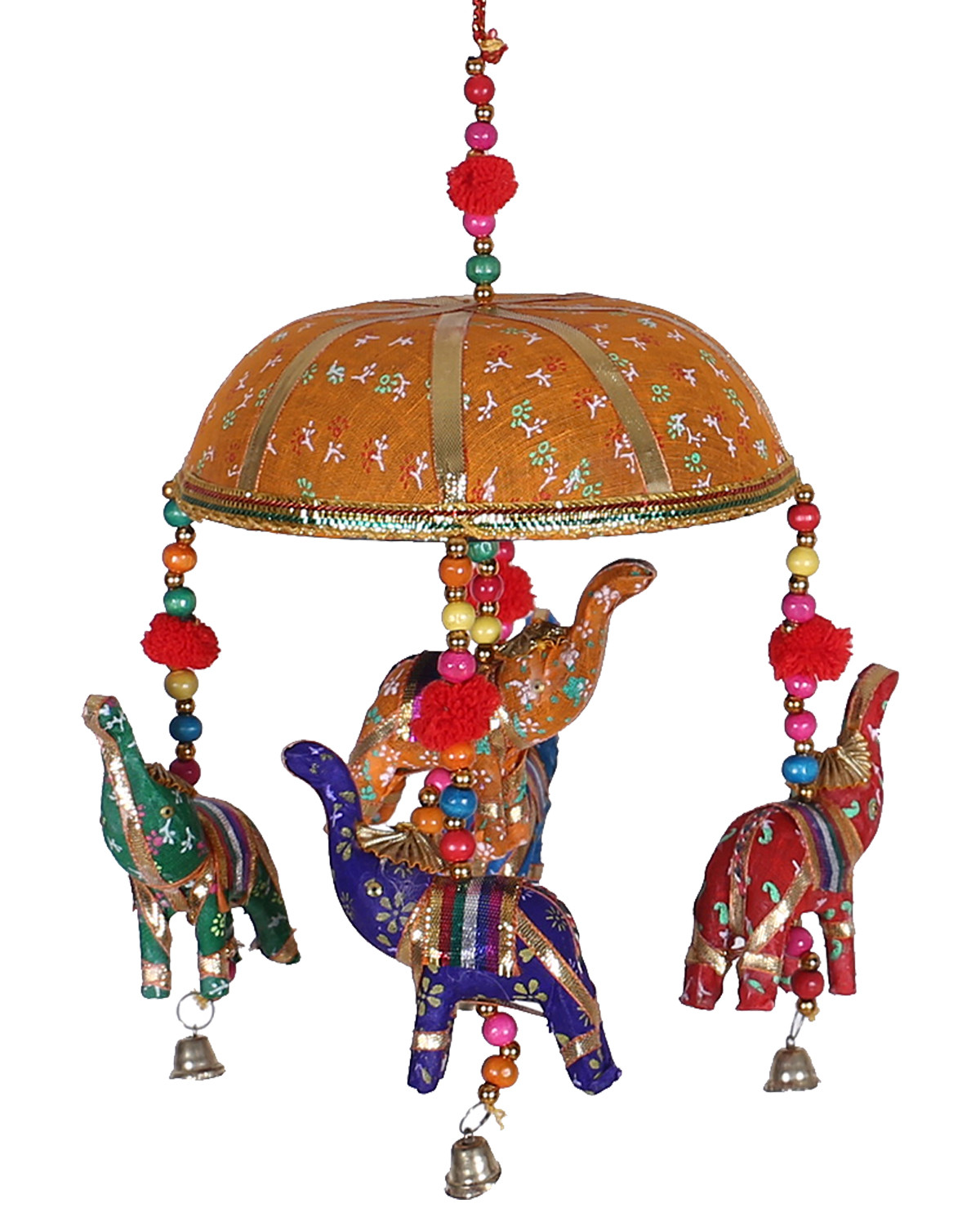 Kuber Industries Rajasthani Traditional Windchimes|Cotton Fabric Pompom Handmade Latkan|Toran With 5 Decorative Hanging Elephants (Orange)