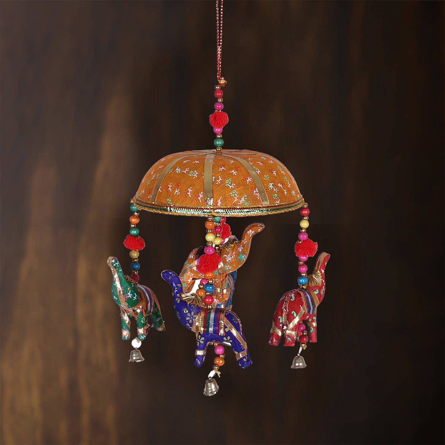 Kuber Industries Rajasthani Traditional Windchimes|Cotton Fabric Pompom Handmade Latkan|Toran With 5 Decorative Hanging Elephants (Orange)