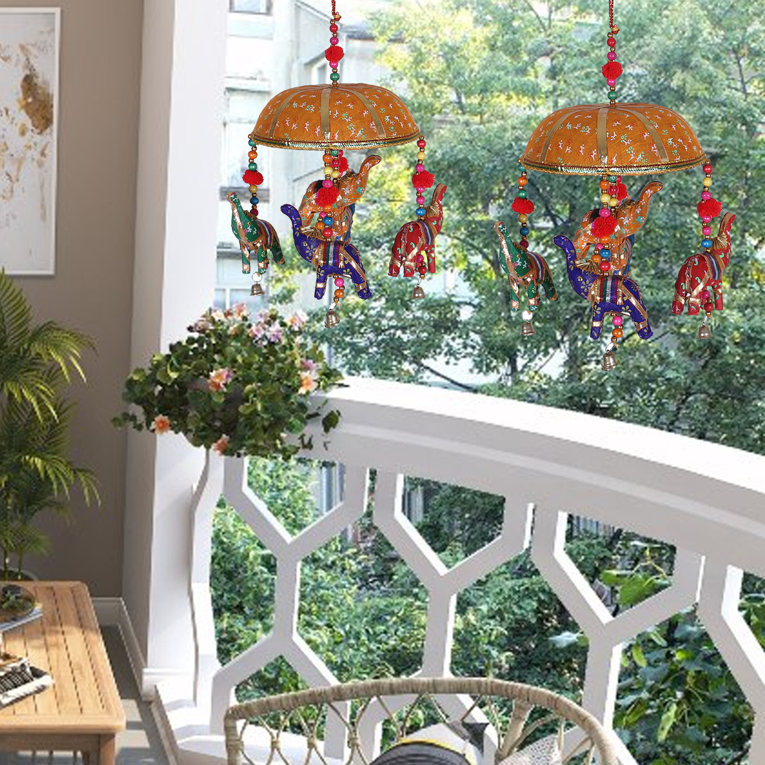 Kuber Industries Rajasthani Traditional Windchimes|Cotton Fabric Pompom Handmade Latkan|Toran With 5 Decorative Hanging Elephants (Orange)