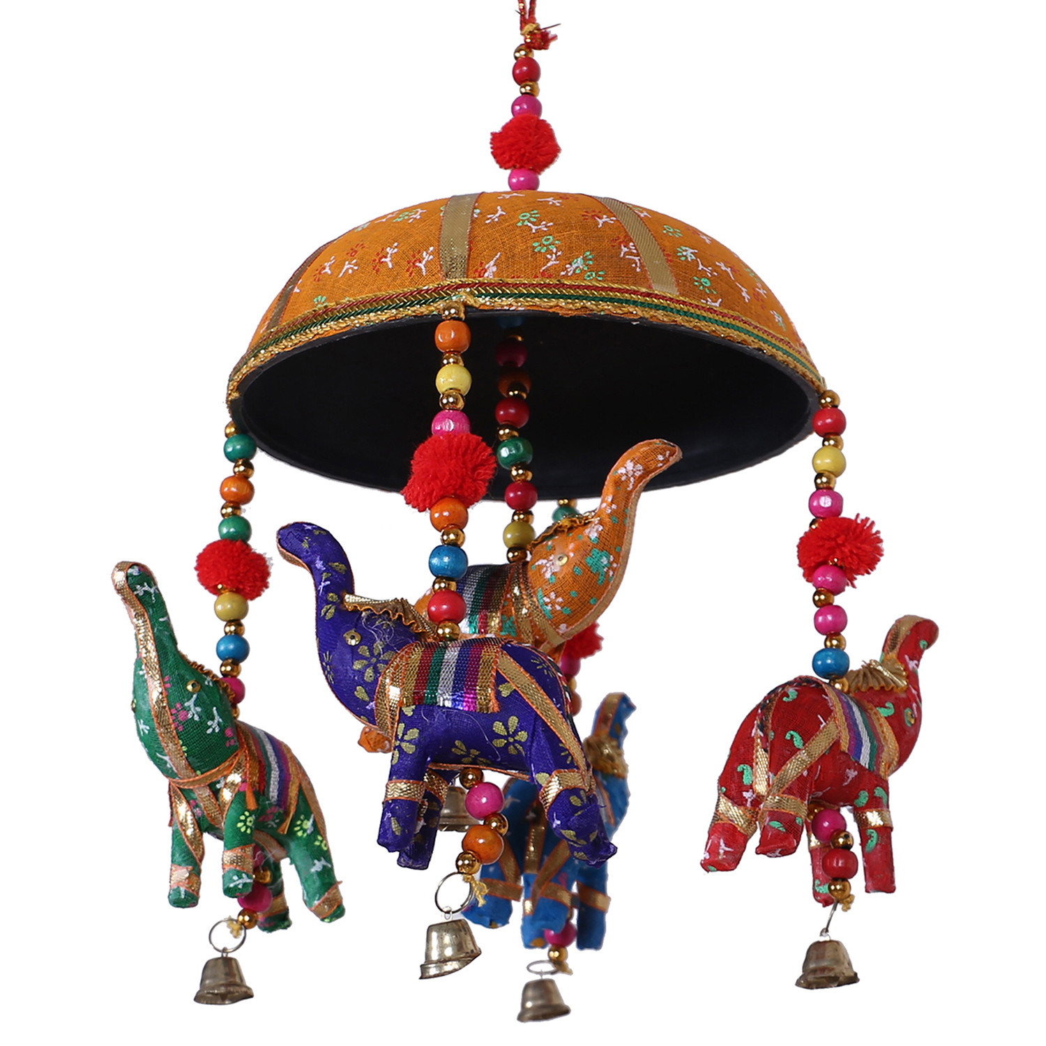 Kuber Industries Rajasthani Traditional Windchimes|Cotton Fabric Pompom Handmade Latkan|Toran With 5 Decorative Hanging Elephants (Orange)