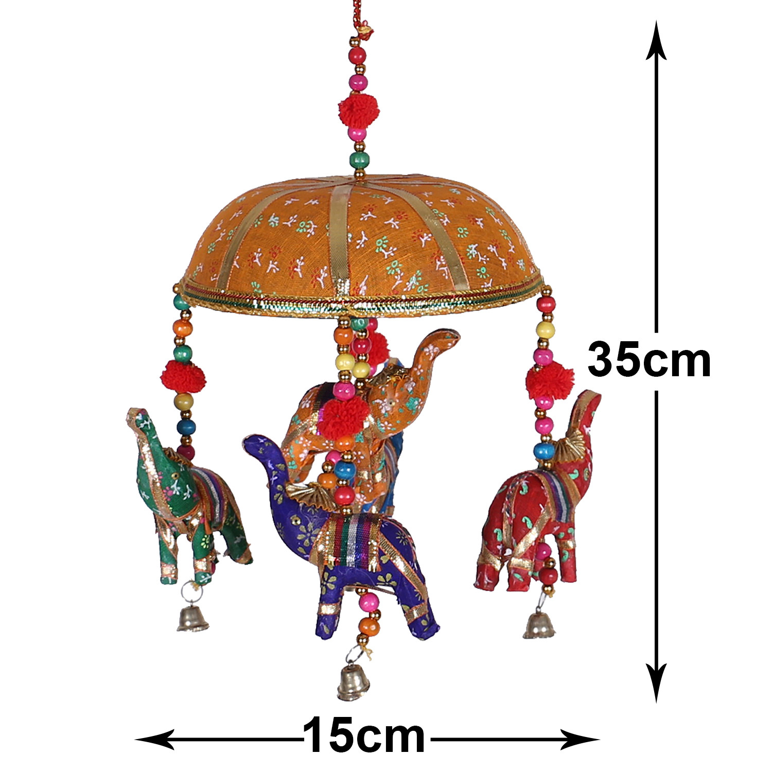 Kuber Industries Rajasthani Traditional Windchimes|Cotton Fabric Pompom Handmade Latkan|Toran With 5 Decorative Hanging Elephants (Orange)
