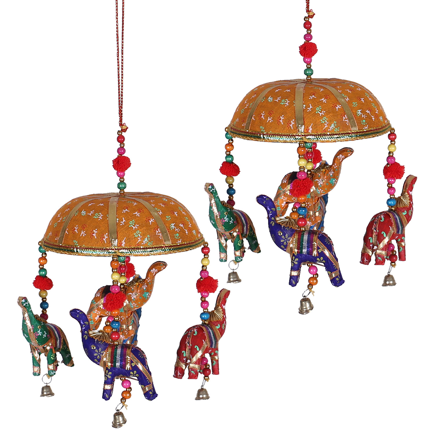Kuber Industries Rajasthani Traditional Windchimes|Cotton Fabric Pompom Handmade Latkan|Toran With 5 Decorative Hanging Elephants (Orange)