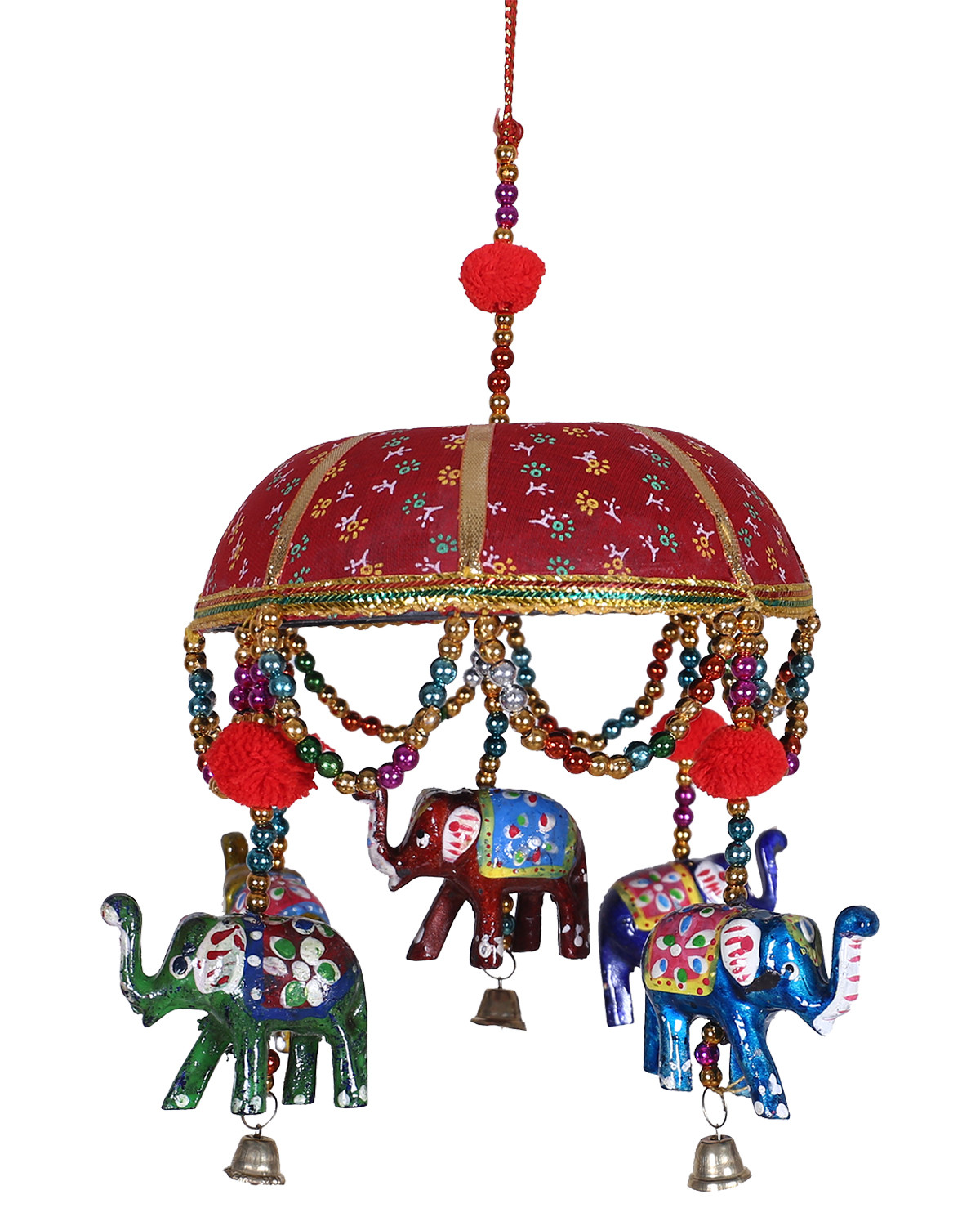 Kuber Industries Rajasthani Traditional Windchimes|Handcrafted Latkan|Toran With 5 Decorative Hanging Elephants (Red)