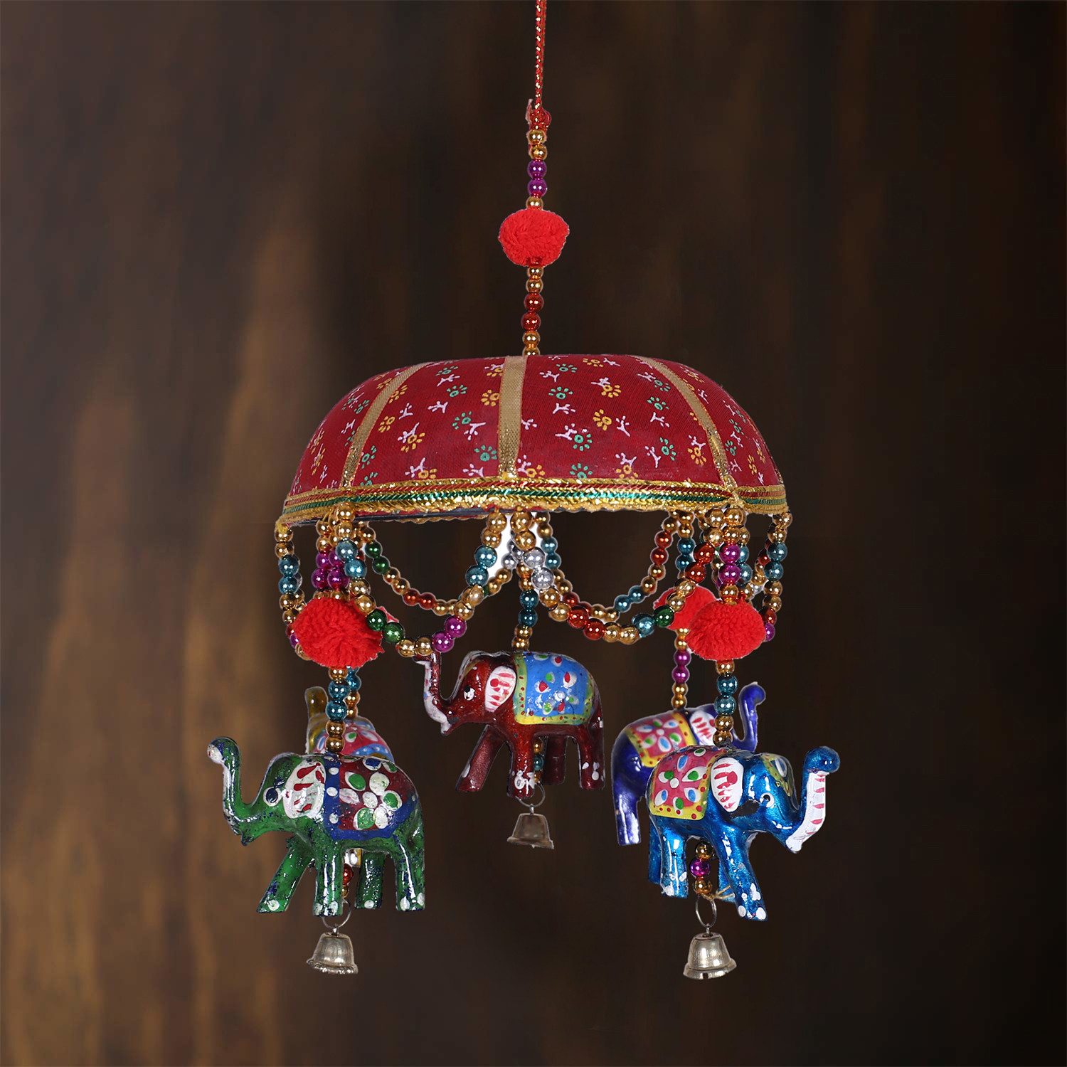 Kuber Industries Rajasthani Traditional Windchimes|Handcrafted Latkan|Toran With 5 Decorative Hanging Elephants (Red)